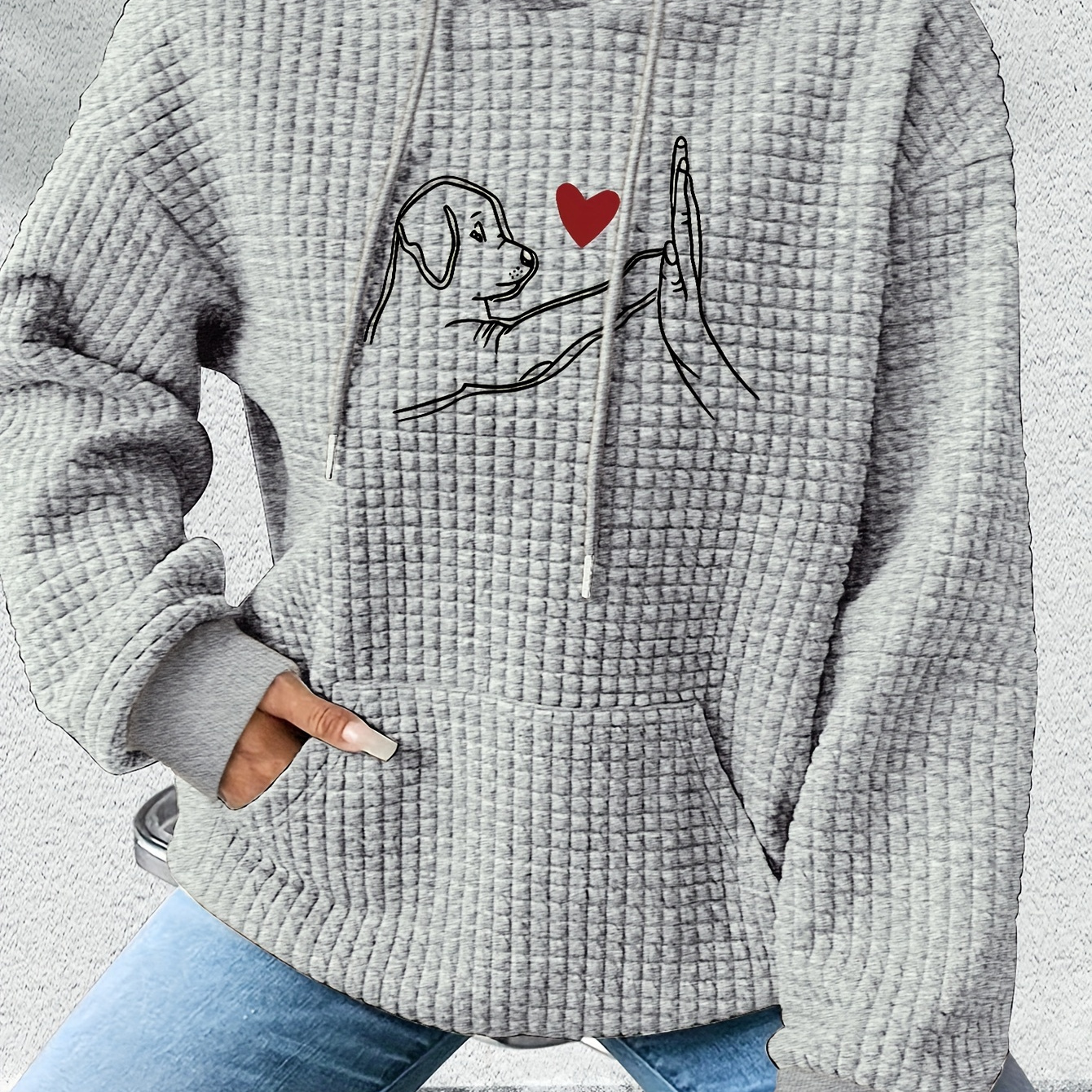 

Women's Cozy Waffle-knit Hoodie With Adorable Dog & Heart Graphic - Casual Brown Long Sleeve Sweatshirt With Drawstring Hood, Machine Washable, Fall/winter, Sweater Hoodie