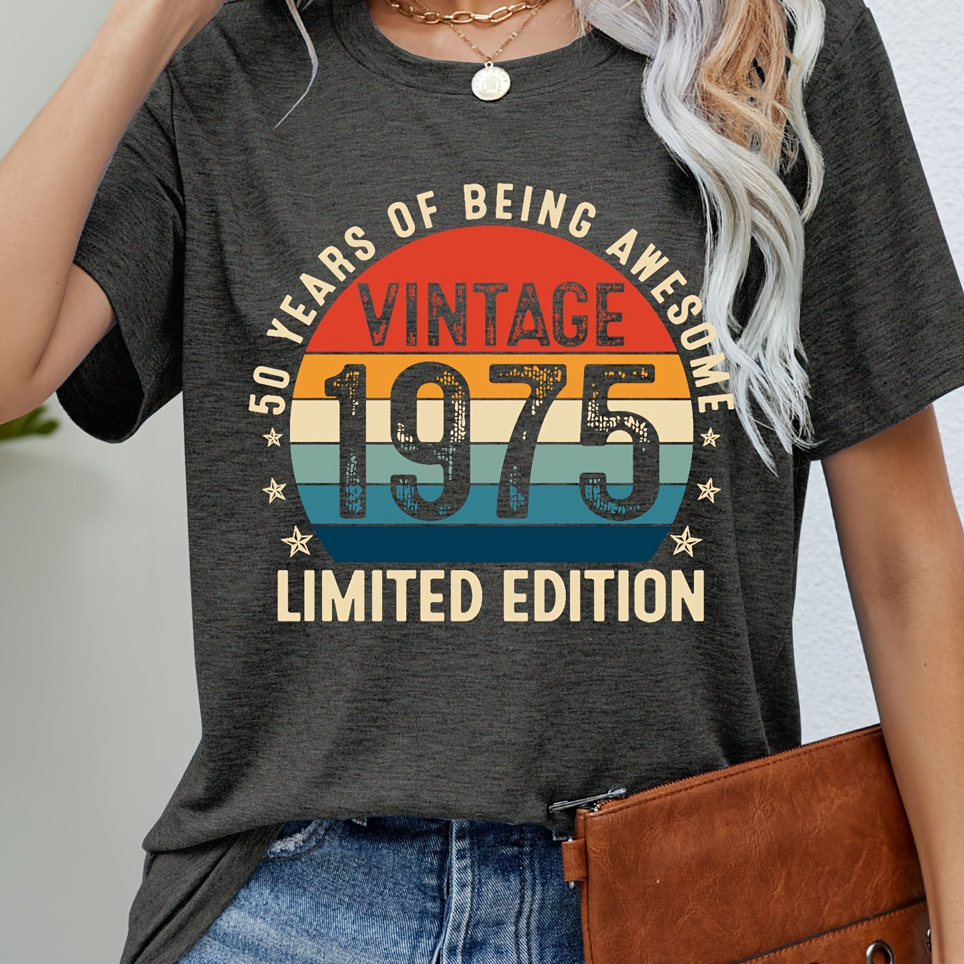 

Vintage 1975 Funny 50th Birthday Gifts Old Retro Print T-shirt, Short Sleeve Crew Neck Casual Top For Summer & Spring, Women's Clothing