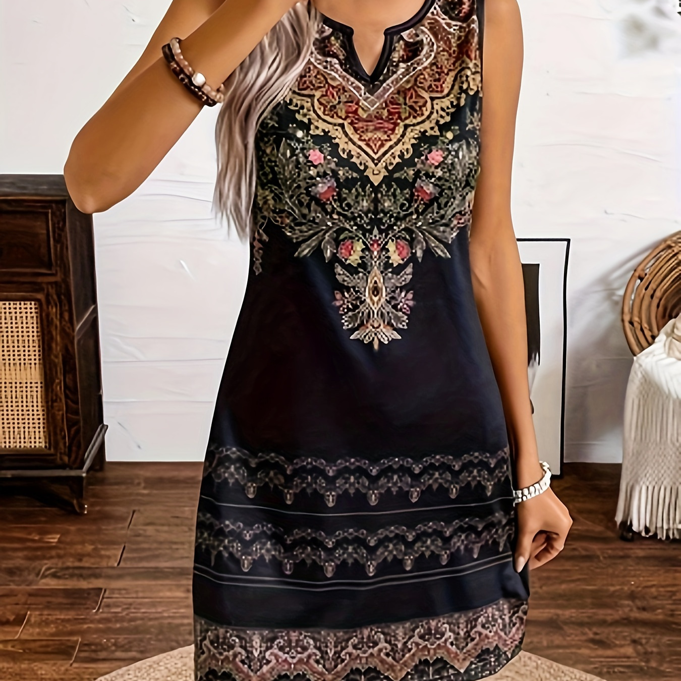 

Floral Print Button Decor Dress, Vintage Casual Sleeveless Notched Neck Dress For Summer, Women's Clothing