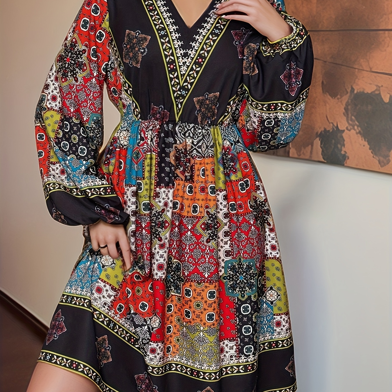 

1pc Elegant Bohemian Style Plus Size V-neck Lantern Sleeve Dress, Geometric Pattern Knit Fabric With Medium Stretch, Polyester 95% Spandex 5%, Fall/