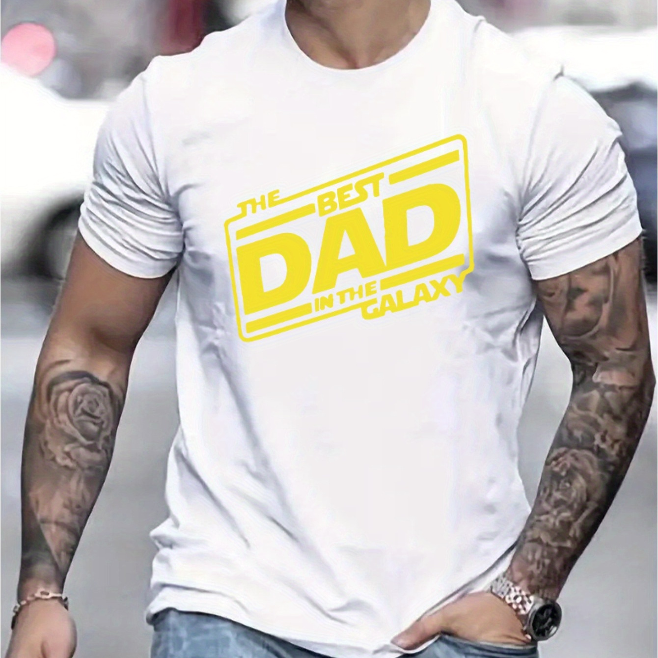 

The Best Dad In The Galaxy Print, Men's Novel Graphic Design T-shirt, Casual Comfy Tees For Summer, Men's Clothing Tops For Daily Activities