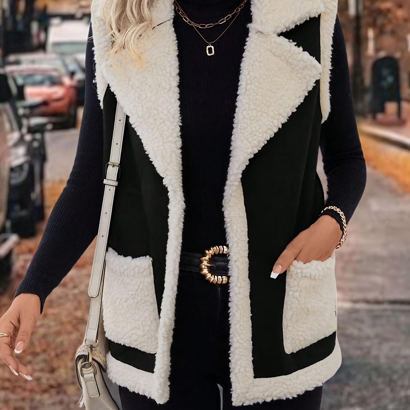 

Gilet à en similicuir mélangé avec fermeture éclair, gilet chaud manches élégant avec poches et doublure en fausse fourrure pour et l'hiver, vêtements pour femmes