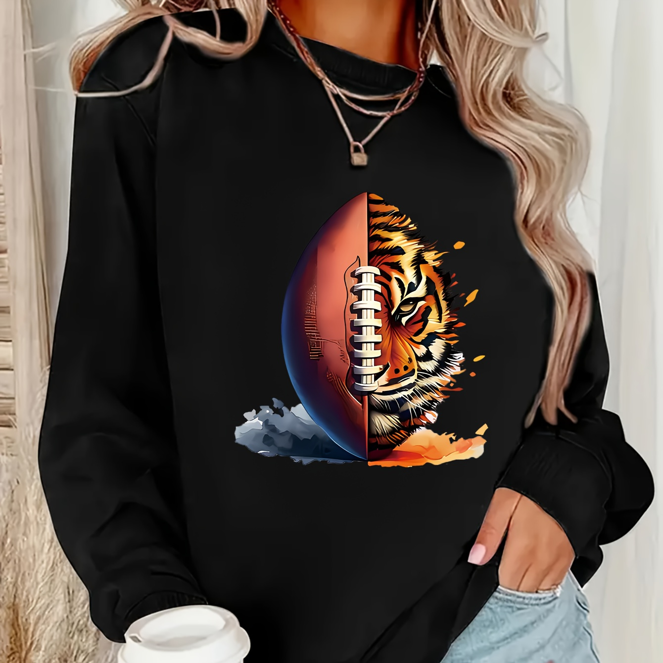 

Casual Crew Neck Sweatshirt Women's Polyester 100% - Knit With Football & Tiger Graphic Print, Comfortable All-season Pullover Sweatshirt With Drawing Pattern Details