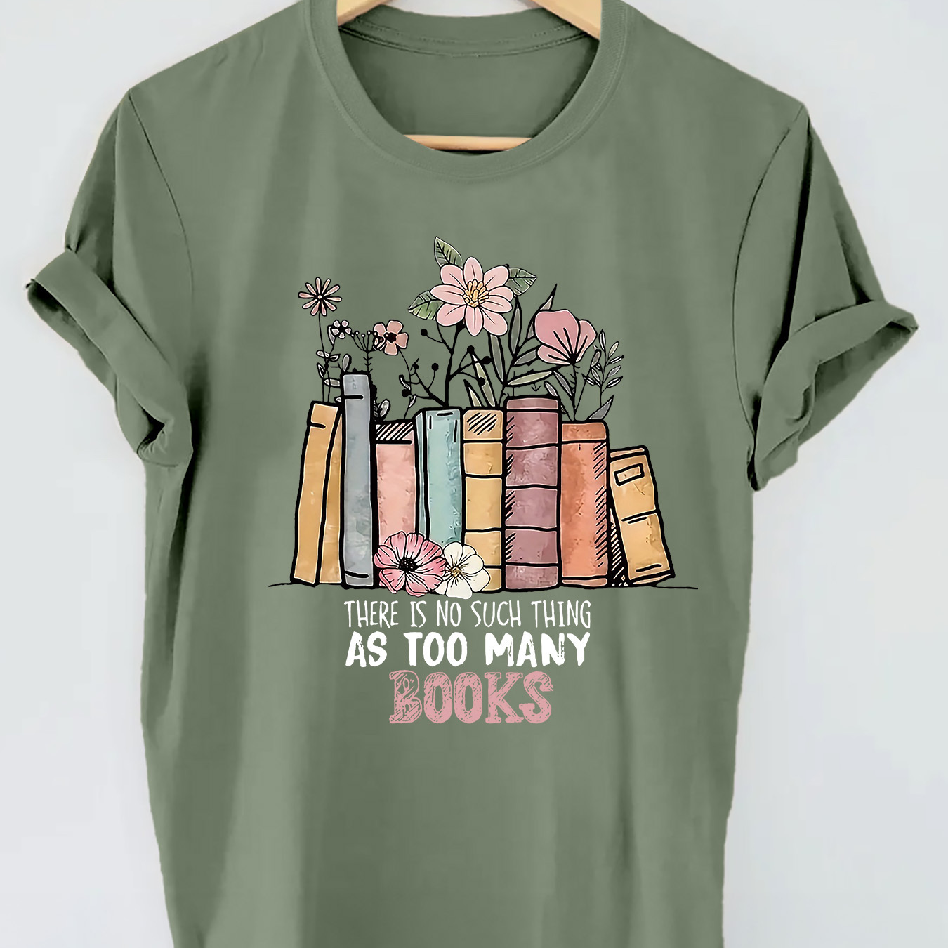 

Flowers & Books Print T-shirt, Short Sleeve Crew Neck Casual Top For Summer & Spring, Women's Clothing