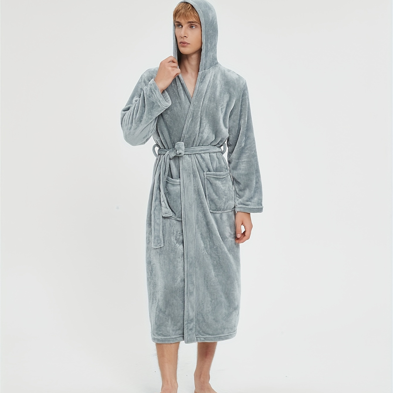 

Men's Comfy Solid Fleece Robe Home Hooded Pajamas Wear With Pocket & Hair Dry Hat, One-piece Kimono Night-robe After Bath
