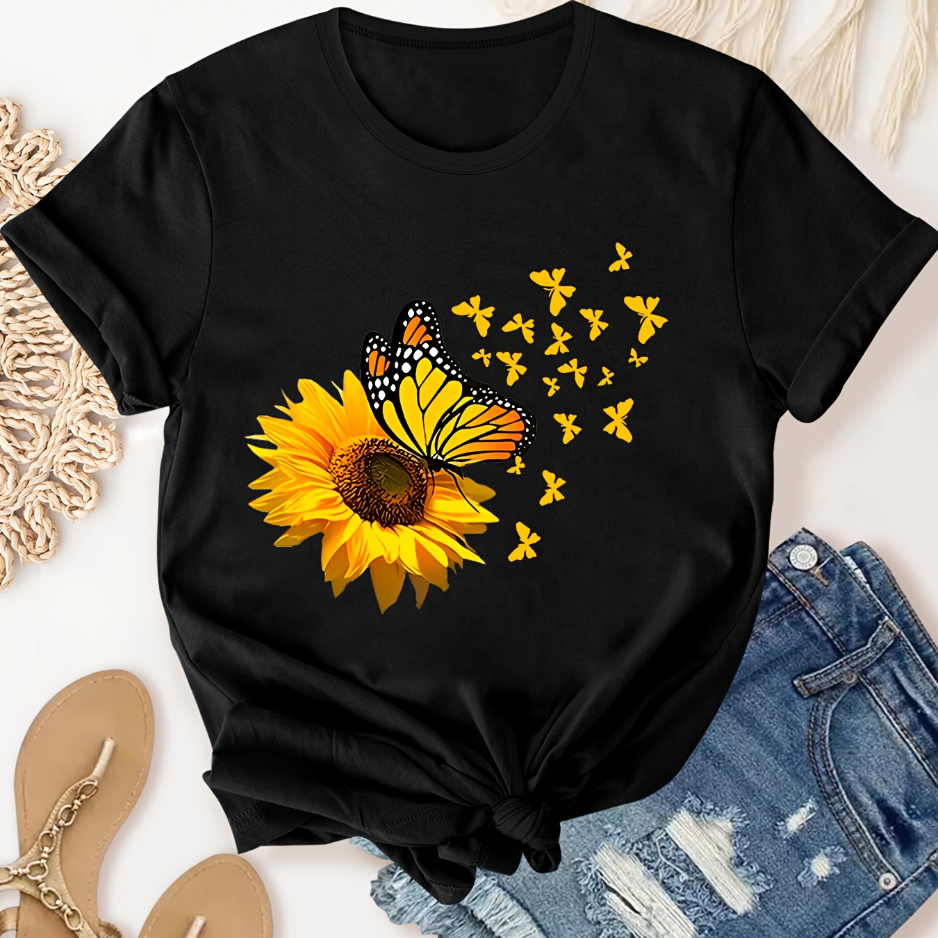 

Sunflower Pattern Crew Neck T-shirt, Casual Short Sleeve T-shirt, Women's Clothing