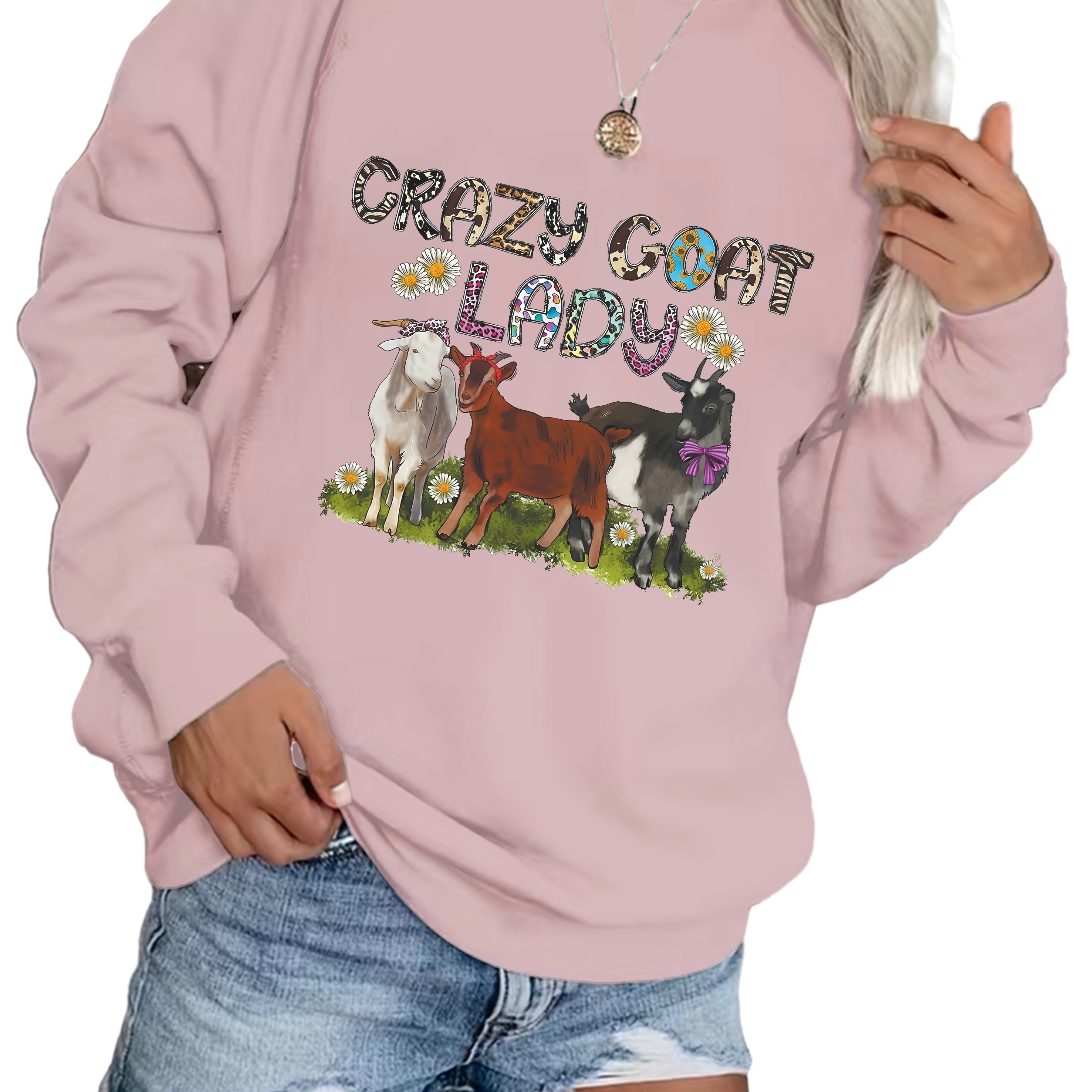 

Plus Size Casual Sweatshirt, Women's Plus Cute Goat & Art Letter Print Long Sleeve Crew Neck Slight Stretch Pullover Sweatshirt, Casual Tops For Fall & Winter, Plus Size Women's Clothing