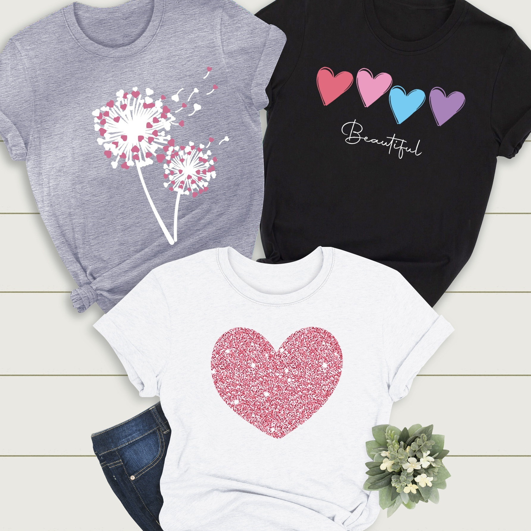 

Heart Pattern Casual Women's 3pcs Outfit - Stretchy Polyester , Machine Washable, Crew Neck Tees For Summer