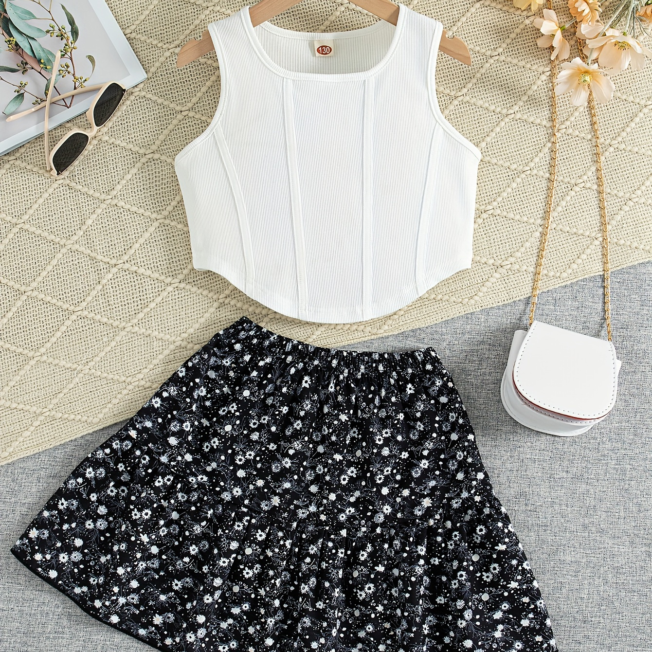 

2-piece Girl's Square Neck Tank Top + Black Floral Skir Set Holiday/ Casual Outfit Summer Gift