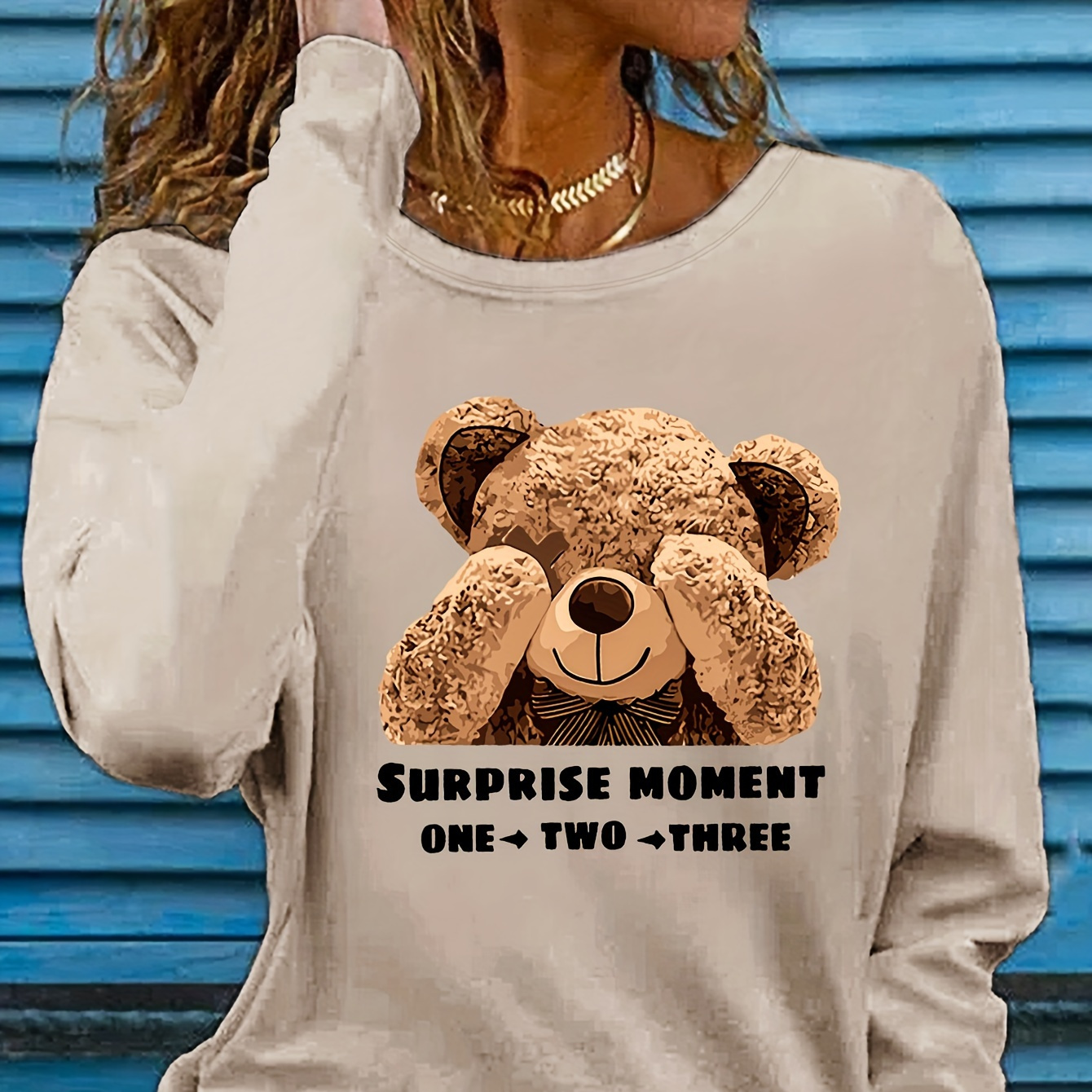 

Bear Print T-shirt, Long Sleeve Crew Neck Casual Top For Spring & Fall, Women's Clothing