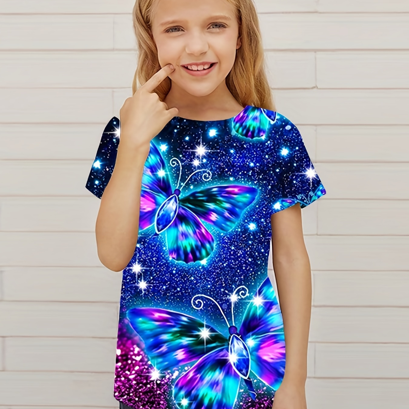 

Girl Glitter Butterfly Effect 3d Digital Full Print Short Sleeve T-shirt, Trendy Novelty Tees For Kids Party Fun Everyday Outfit Gifts Idea