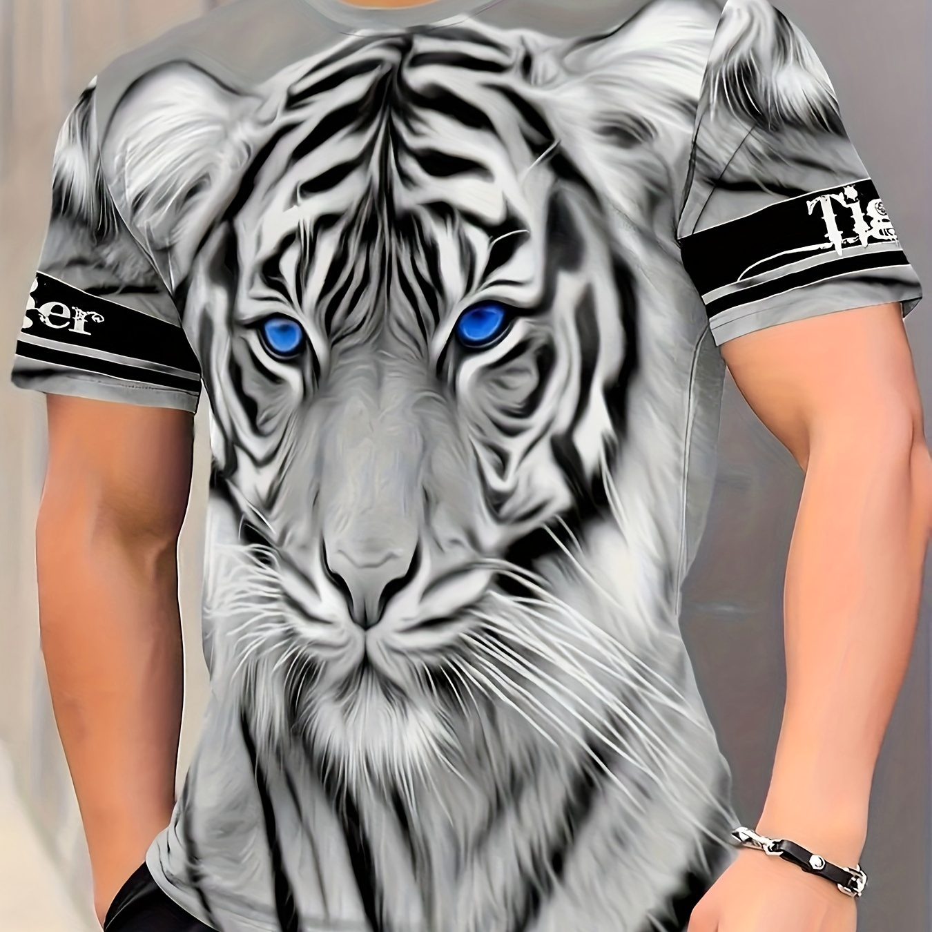 

3d -eye Tiger Pattern Crew Neck And Short Sleeve T-shirt, Stylish And For Men's Summer Outdoors And Holiday Leisurewear