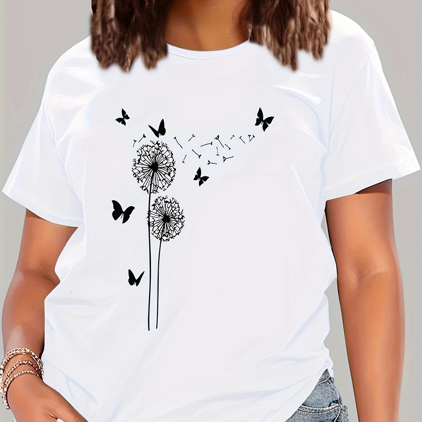 

Women's Casual Loose Fit T-shirt With Dandelion And Butterfly Print, Comfortable Home And Outdoor Tee For Sports And Social Gatherings, Versatile Styling Options