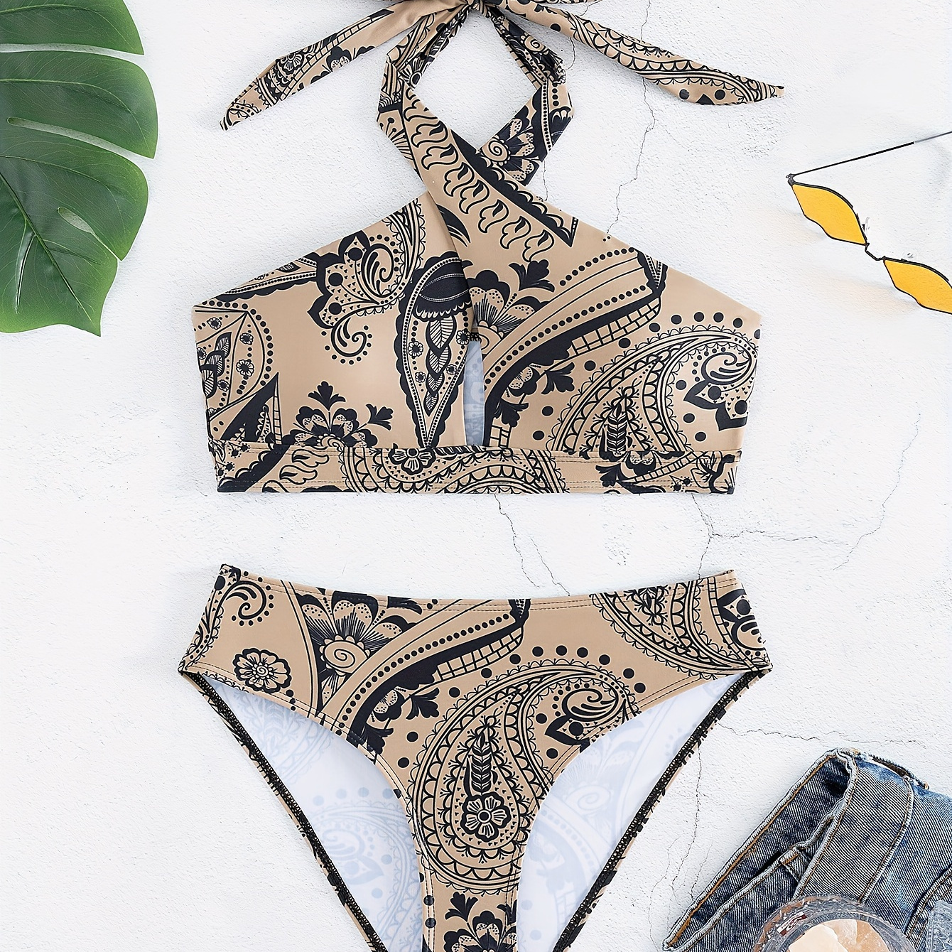 

Paisley Print 2 Piece Set Bikini, Halter Neck Stretchy High Cut Swimsuits, Women's Swimwear & Clothing