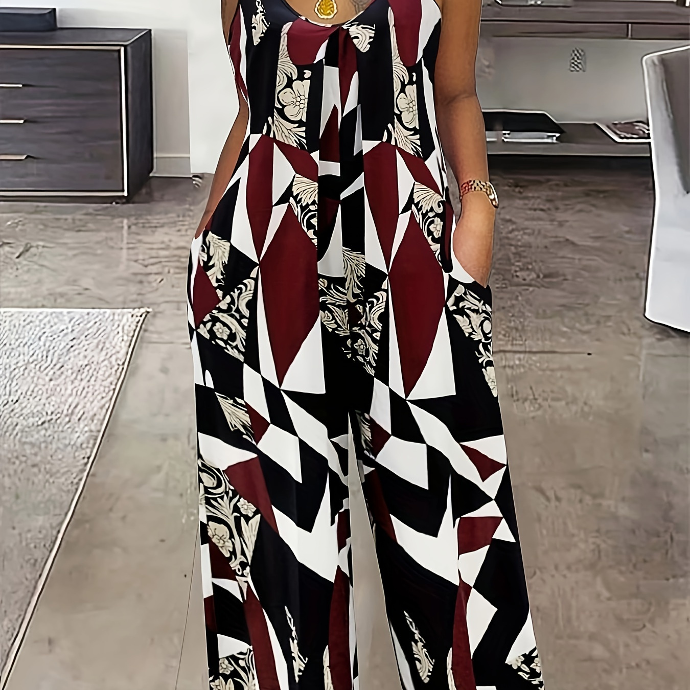 

Plus Size Geometric Print Tank Jumpsuit, Casual Sleeveless Pockets Jumpsuit, Women's Plus Size clothing