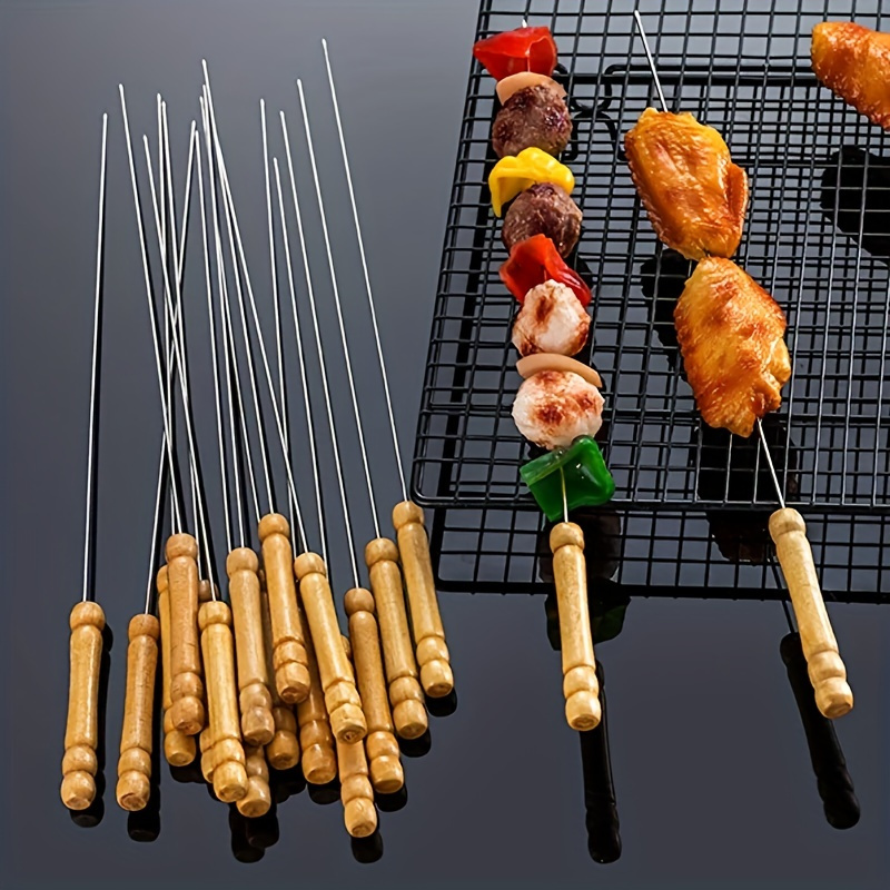 

10pcs Barbecue Skewers With Wooden Handle Marshmallow Roasting Sticks Meat Hot Dog Fork Best For Bbq Camping Cookware Campfire Grill Cooking, Stainless Steel, 13 Inches (including Handle)