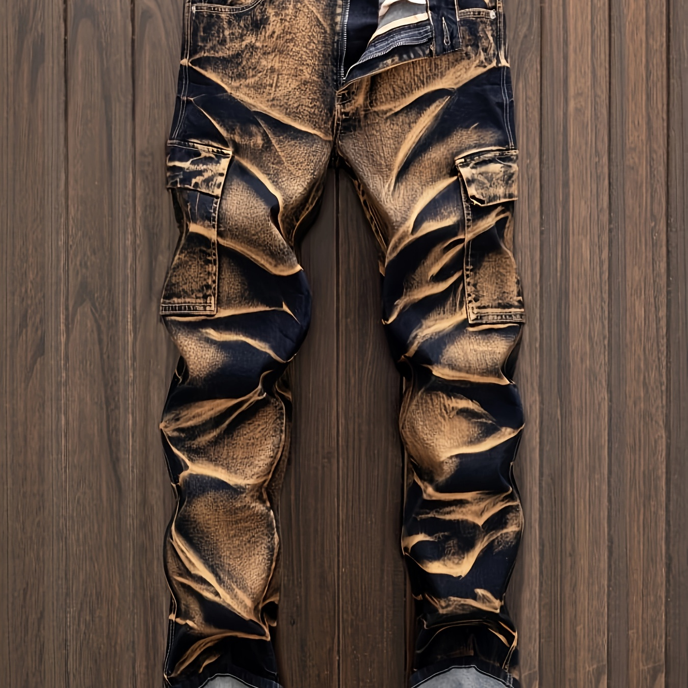 

Men'-style Distressed Denim Jeans With Multiple Pockets, Camouflage Print & Ripped Detailing, Brown/black/ Color , Streetwear