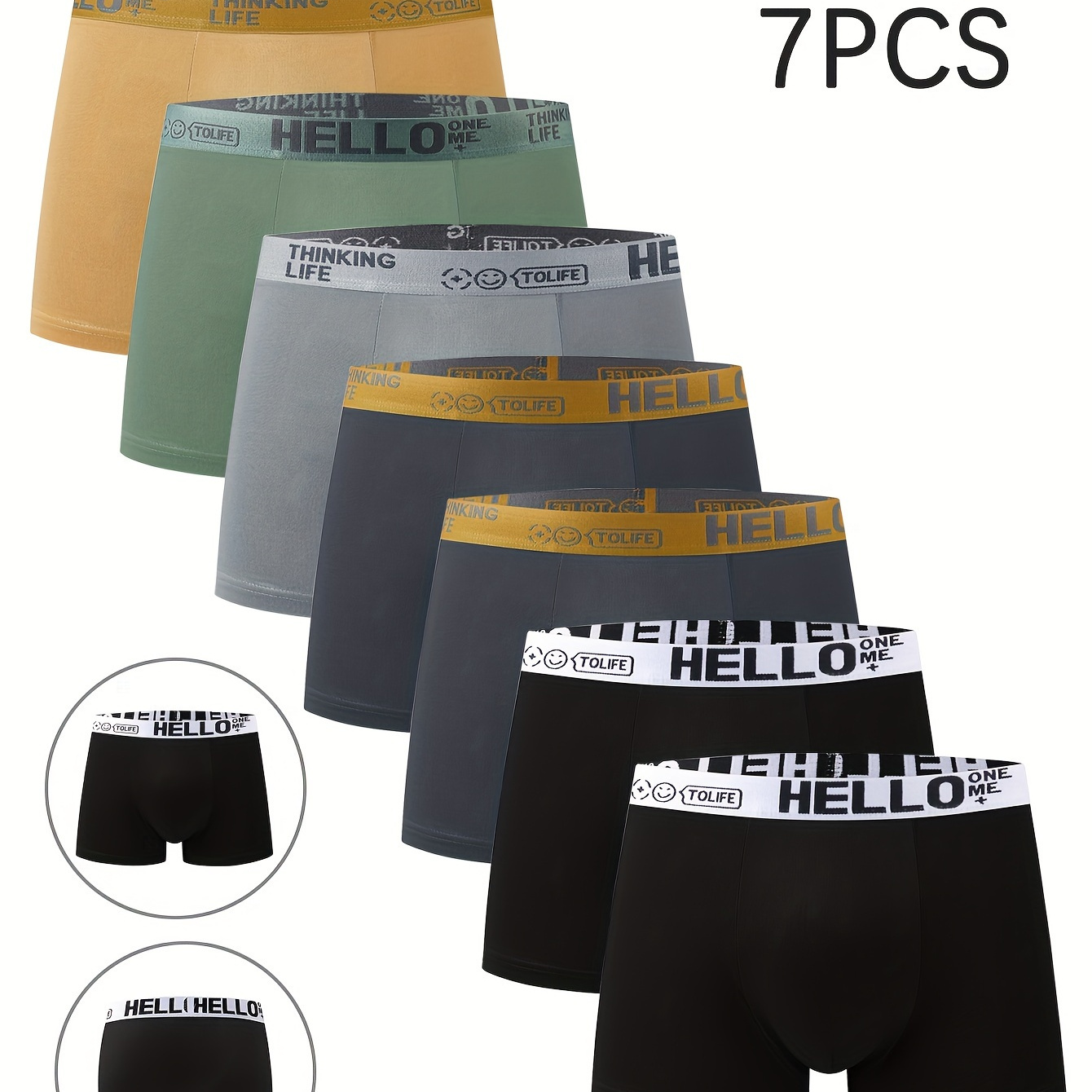 

7pcs 'hello' Print Men's Boxer Briefs - Breathable, Comfortable & Quick- Trunks With High Stretch