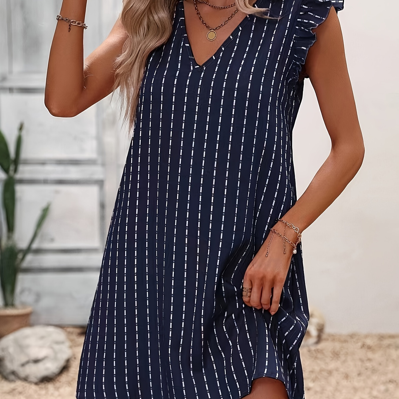 

Striped Print V Neck Dress, Elegant Flutter Sleeve A Line Dress, Women's Clothing