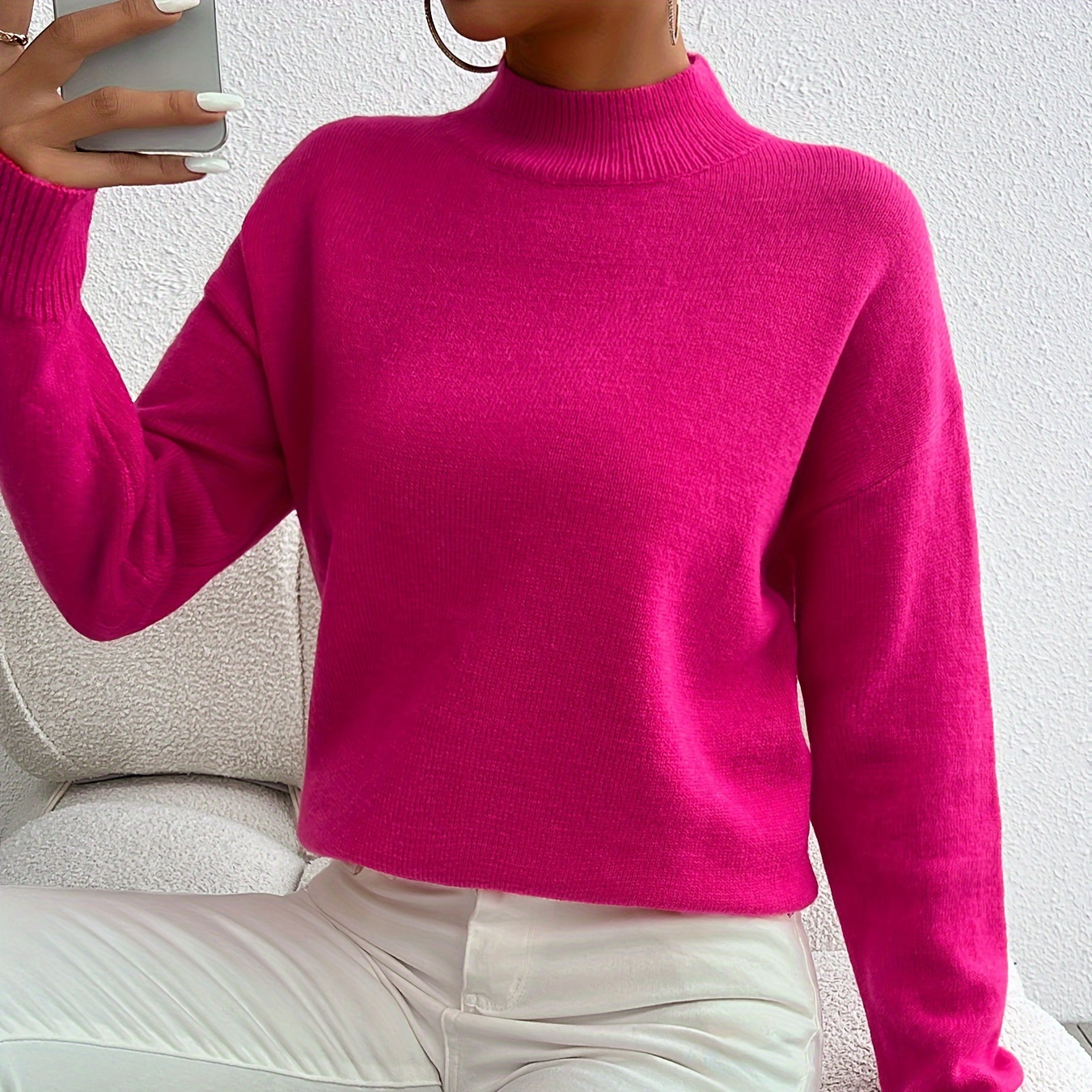 

Drop Shoulder Mock Neck Knitted Sweater, Versatile Long Sleeve Solid Simple Sweater, Women's Clothing