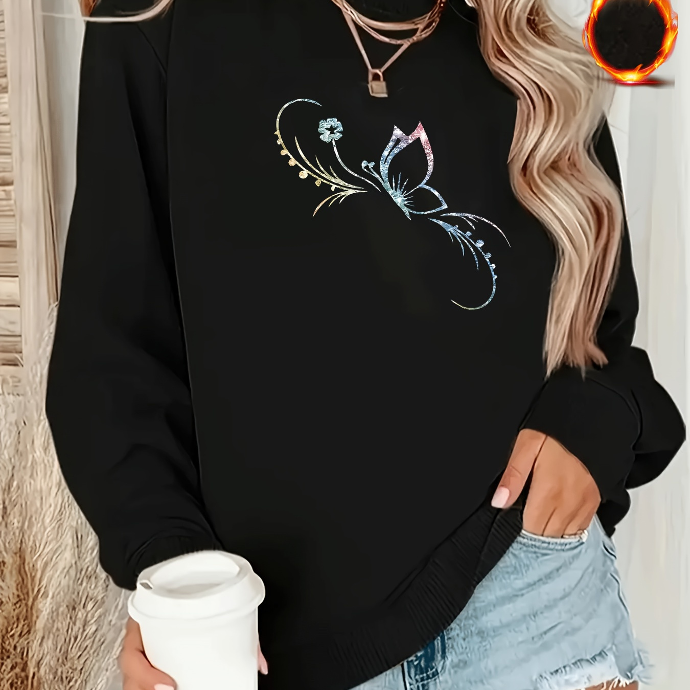 

1pc Women's Cozy Fleece-lined Pullover Sweatshirt With Elegant Sparkling - Round Neck, Breathable Polyester, Casual & Sports Wear In Autumn/winter