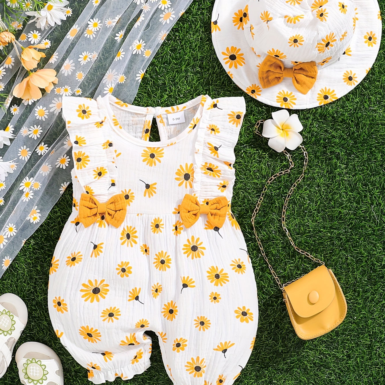 

Baby's Cartoon Flower Full Print Bodysuit & Hat, Casual Sleeveless Romper, Toddler & Infant Girl's Onesie For Summer, As Gift