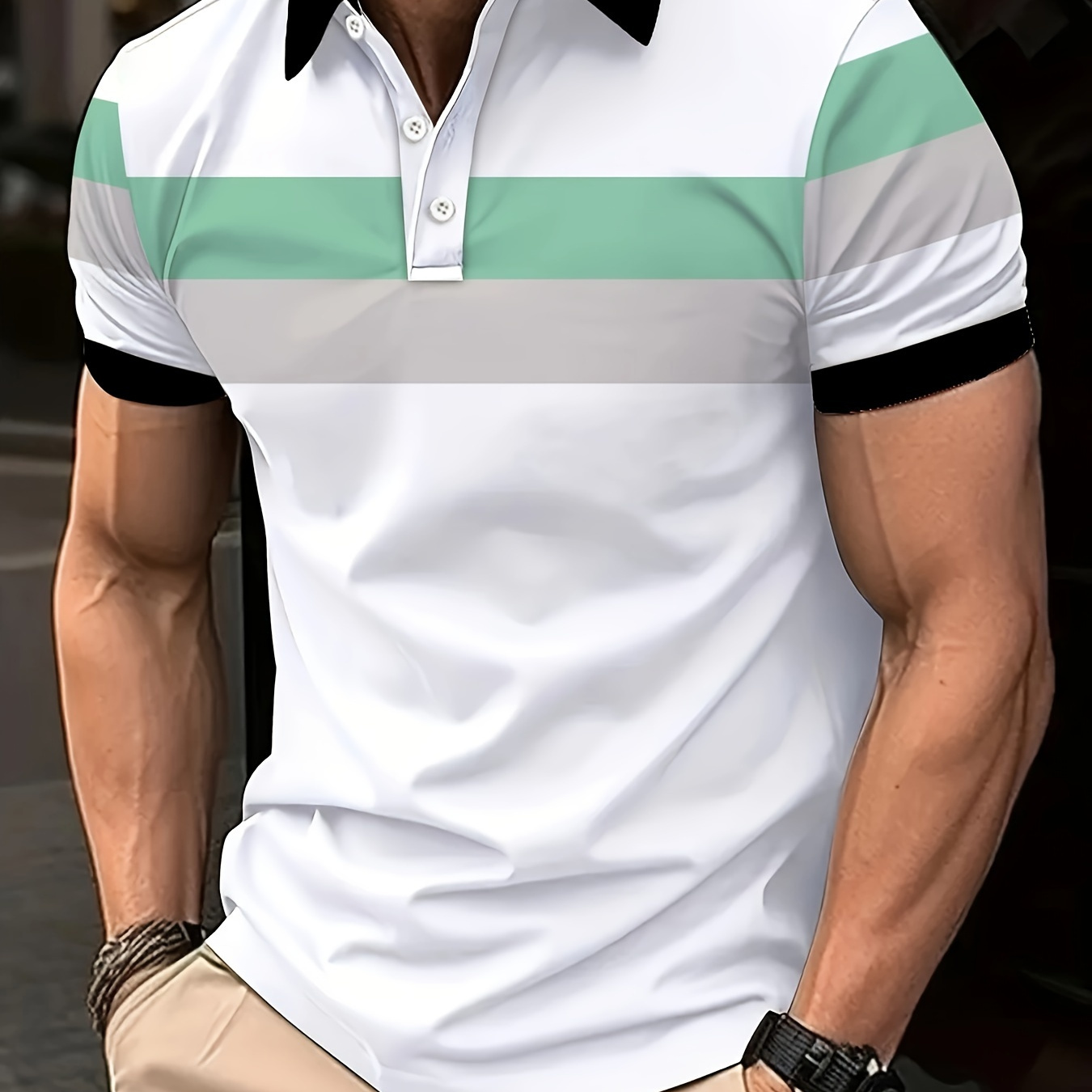 

Men's Casual Polo Shirt, Oversized Short Sleeve, Regular Fit, Fashionable Patchwork , 95% Polyester 5% Spandex, Slight Stretch Knit Fabric, All Season Lapel Collar Top, Plus Size