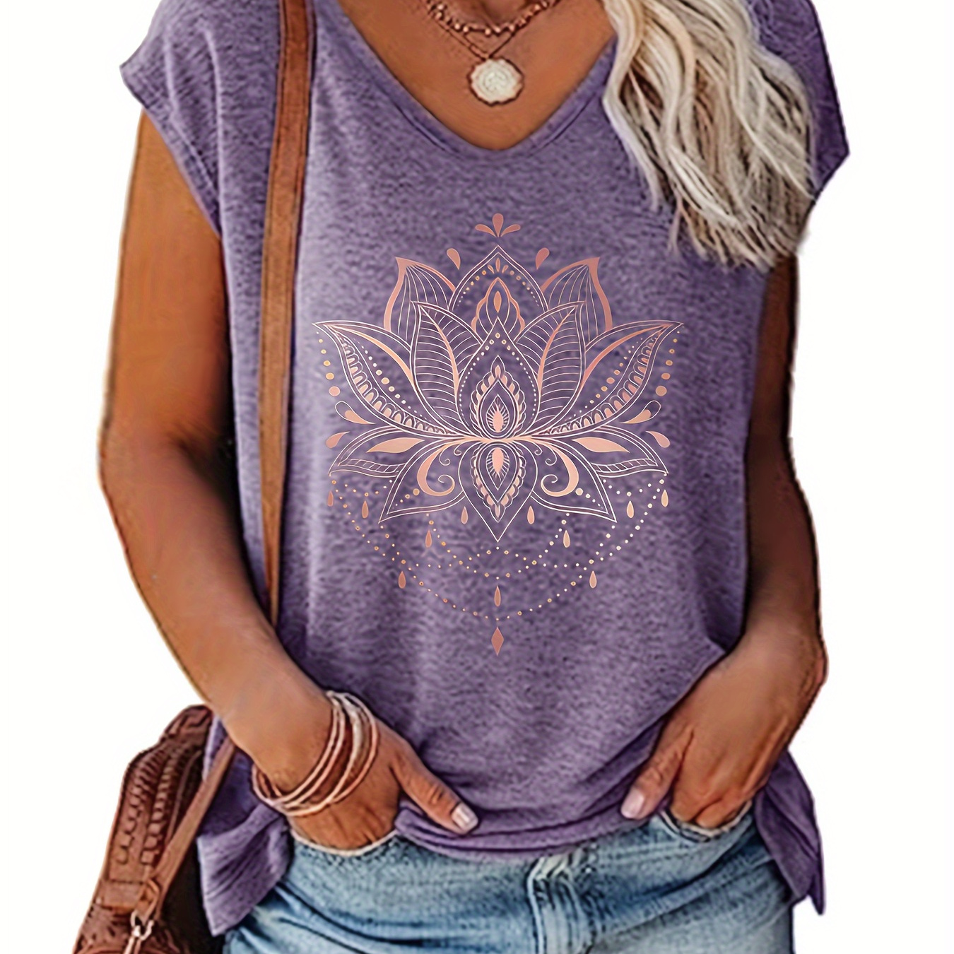 

Women's Plus Size V-neck T-shirt, Polyester, Mid-stretch Fabric, Floral Mandala Print, Casual Knit Top, All , Floral Patchwork Design