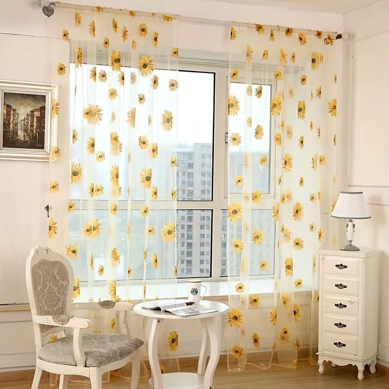 

1pc Sunflowers Print Semi-sheer Curtain With Rod Pocket Top, Light Filtering Voile Drape For Living Room Bedroom Kitchen Cafe Curtains