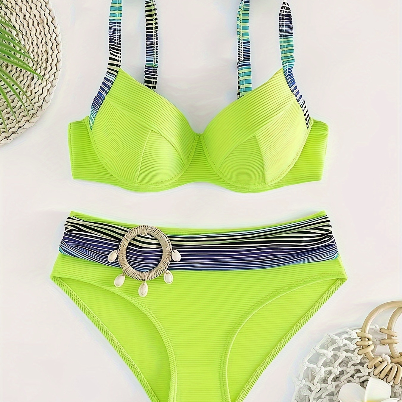 

Shell Ring Decor V Neck 2 Piece Set Bikini, High Stretch Striped Push Up Stylish Swimsuits, Women's Swimwear & Clothing