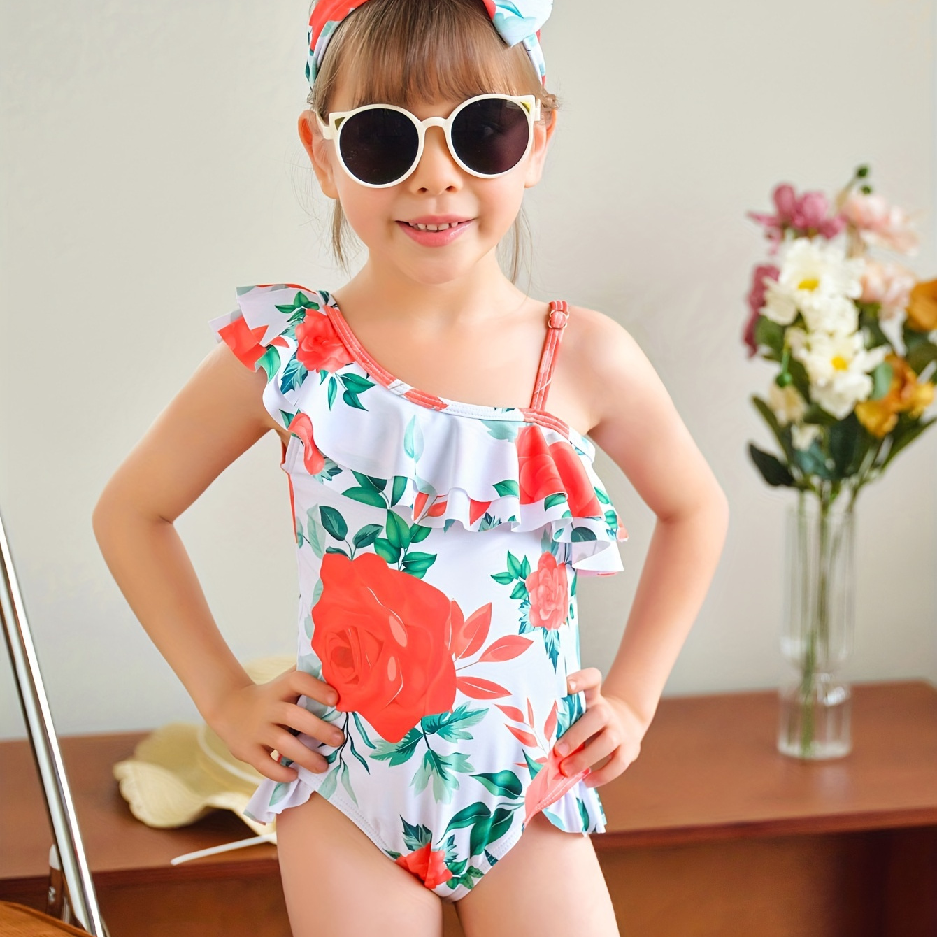 Girl's Swimsuit Solid Color Ruffle Decor Tankini - Temu