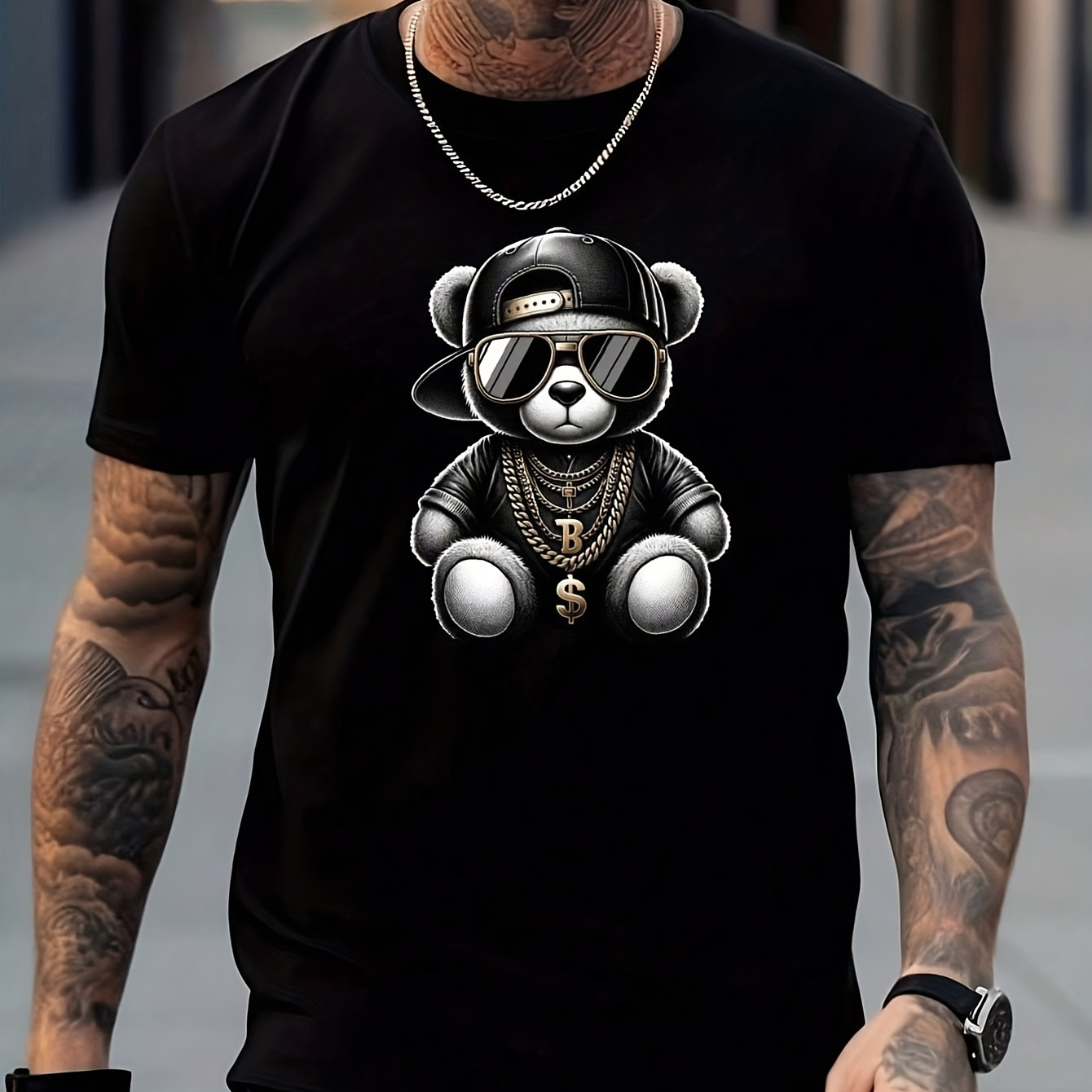 

Bear Pattern Print Men's Crew Neck Short Sleeve T-shirt, Summer Outdoor