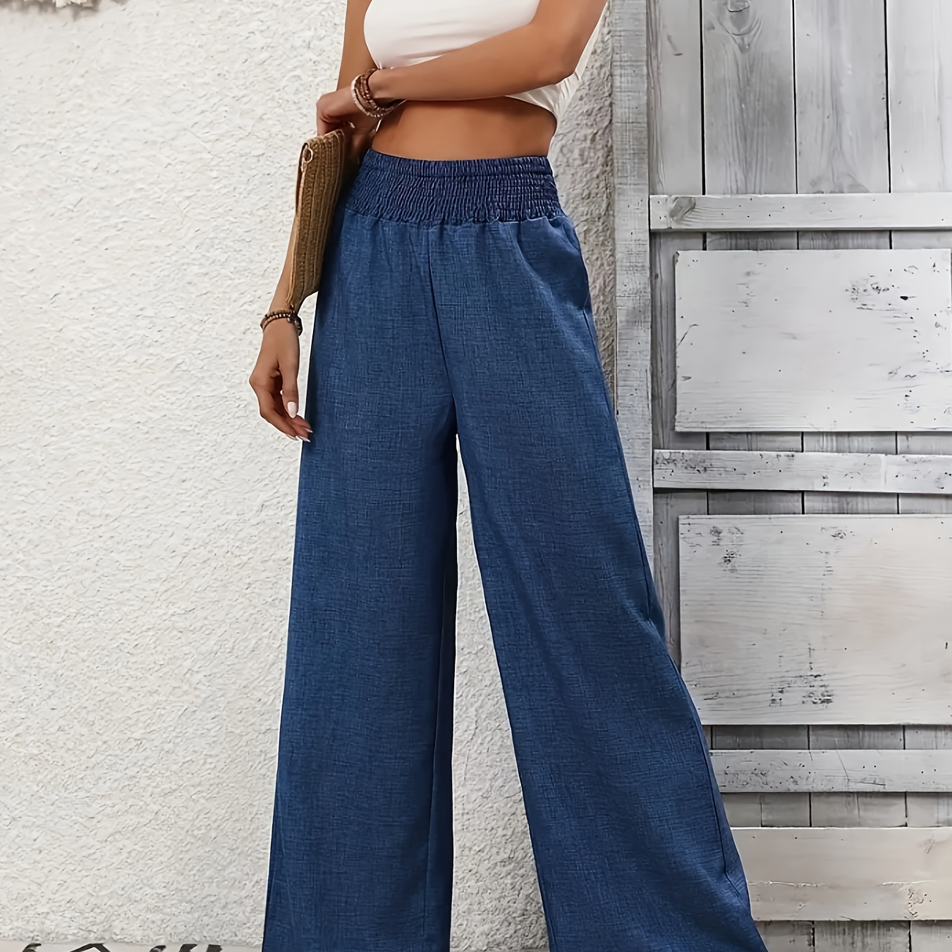 

Solid Color Wide Leg Pants, Casual Shirred High Waist Loose Pants For Spring & Summer, Women's Clothing