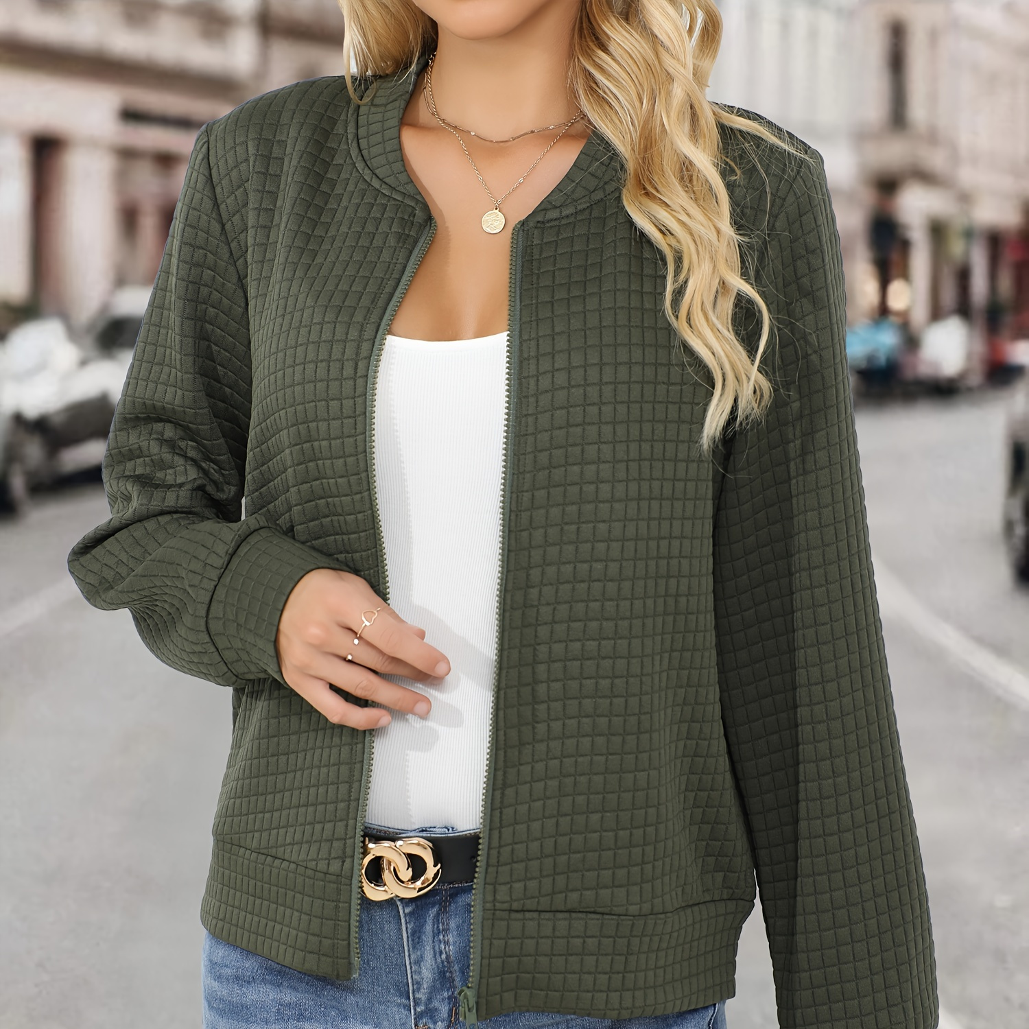 

Solid Color Textured Zipper Jacket, Elegant Long Sleeve Jacket For Spring & Fall, Women's Clothing