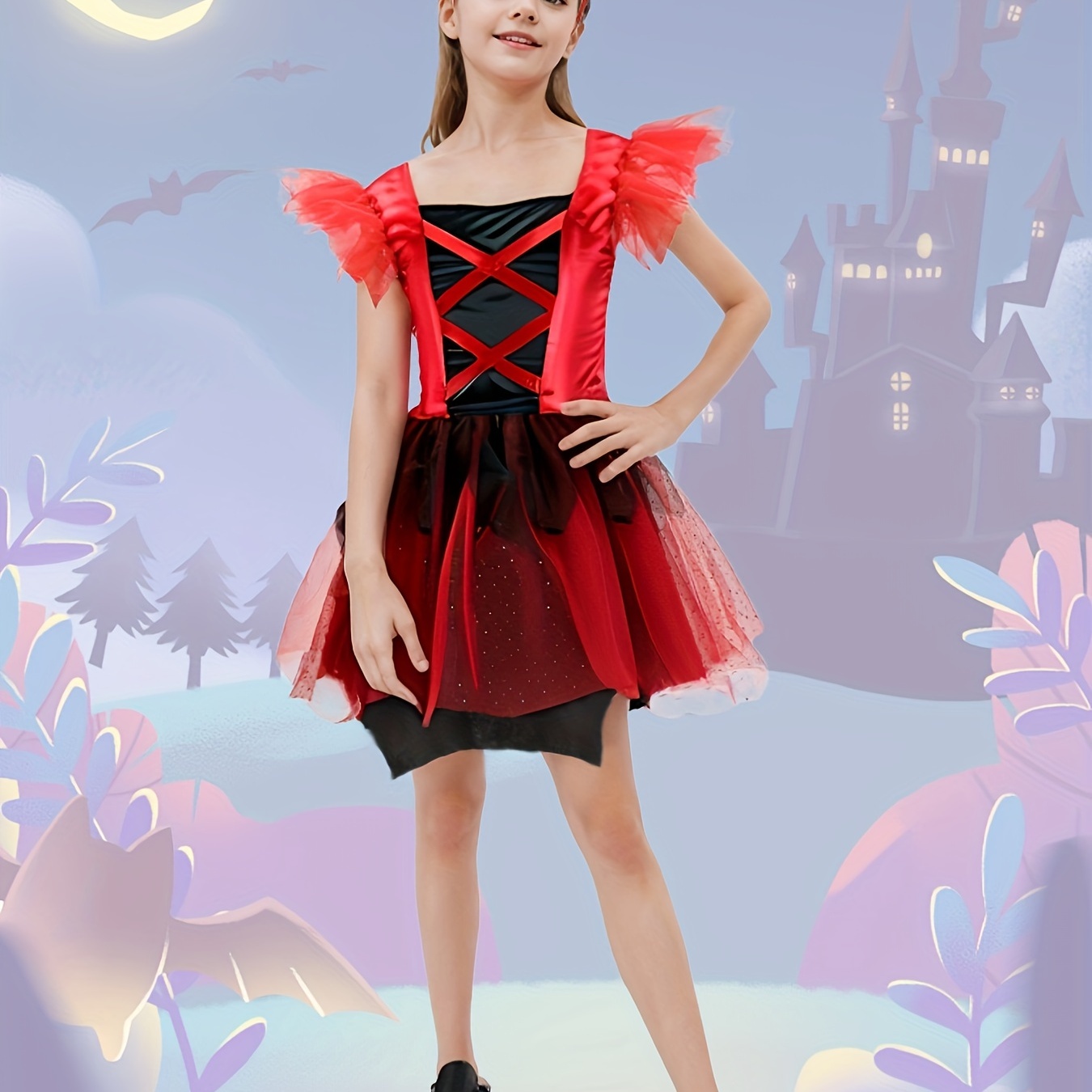 

Girls Fun & Cute Devil Dress Up Outfit, Color Contrast Mesh Flutter Sleeve Dress & Devil Horn Headband For Halloween Party