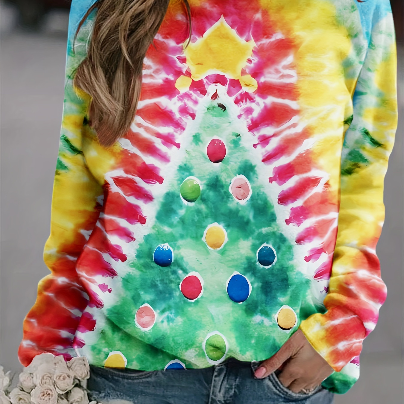

Christmas Tree Print Tie Dye Pullover Sweatshirt, Casual Long Sleeve Crew Neck Sweatshirt For Fall & Winter, Women's Clothing