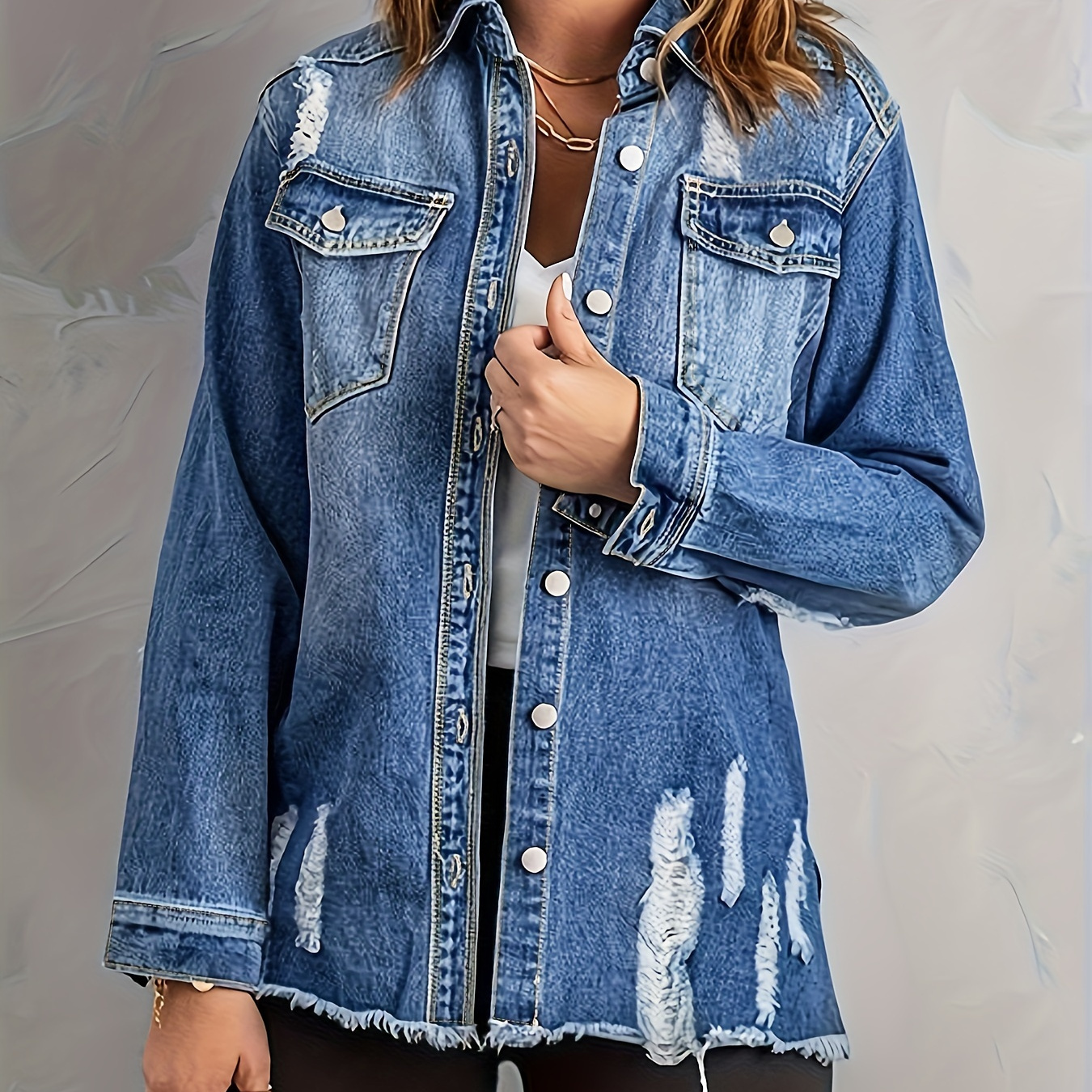 

Plus Size Casual Denim Jacket, Women's Plus Ripped Long Sleeve Button Up Turn Down Collar Washed Jean Jacket With Flap Pockets