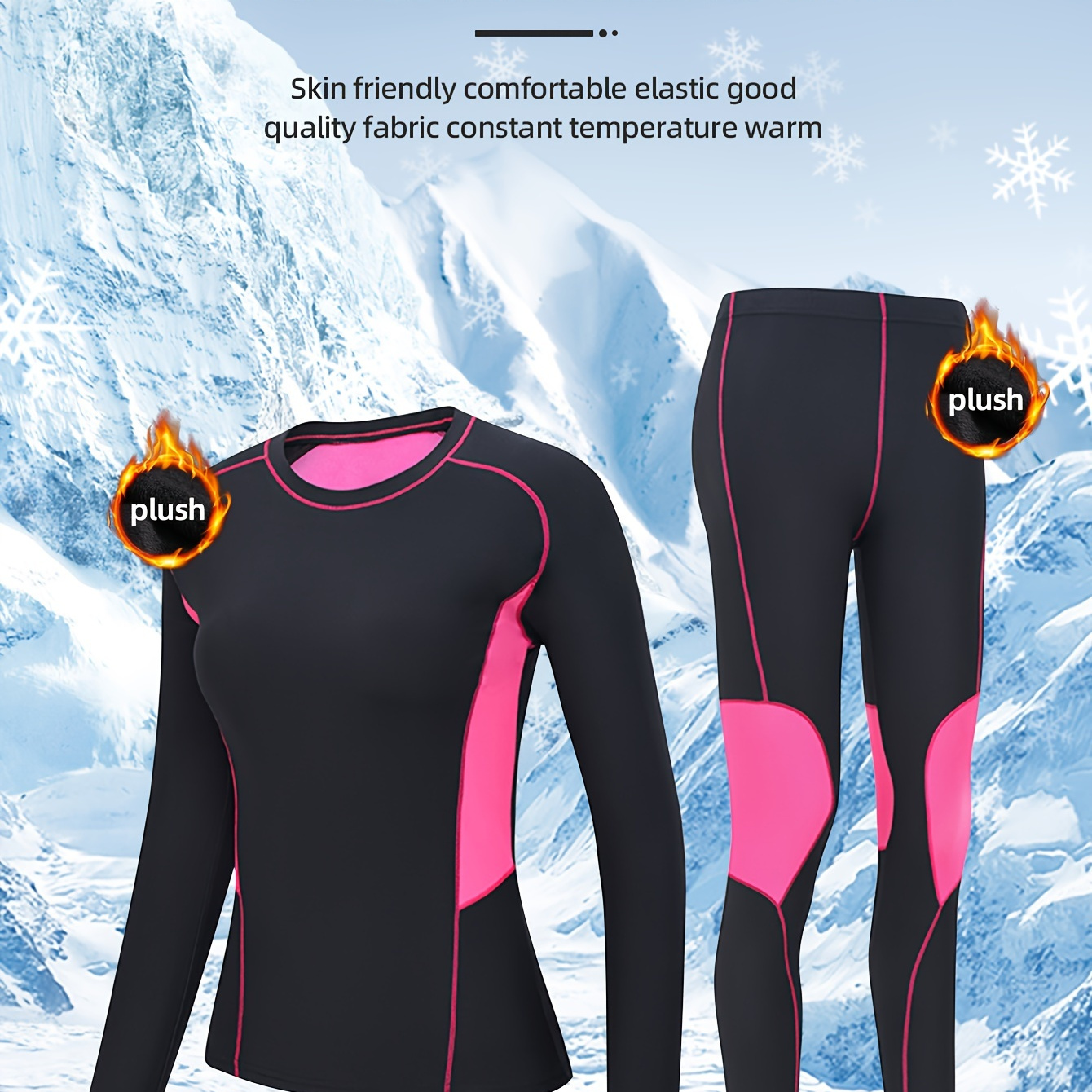 

2pcs Women's Thermal Underwear Set, Polyester & Spandex , Crew Neck, High Stretch, Design, , Knit Fabric, With Base Layer Top And Leggings For Fall/winter