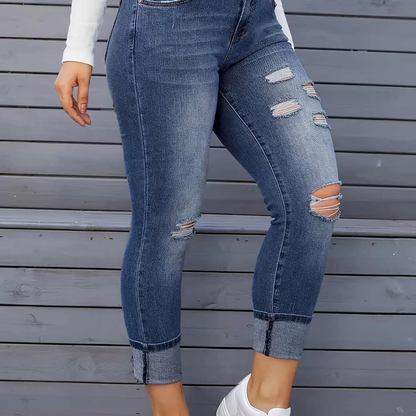 

Women's Casual Style Ripped Denim Jeans, Pants With Cuffed Hem, Classic Design, Stretchable Fabric
