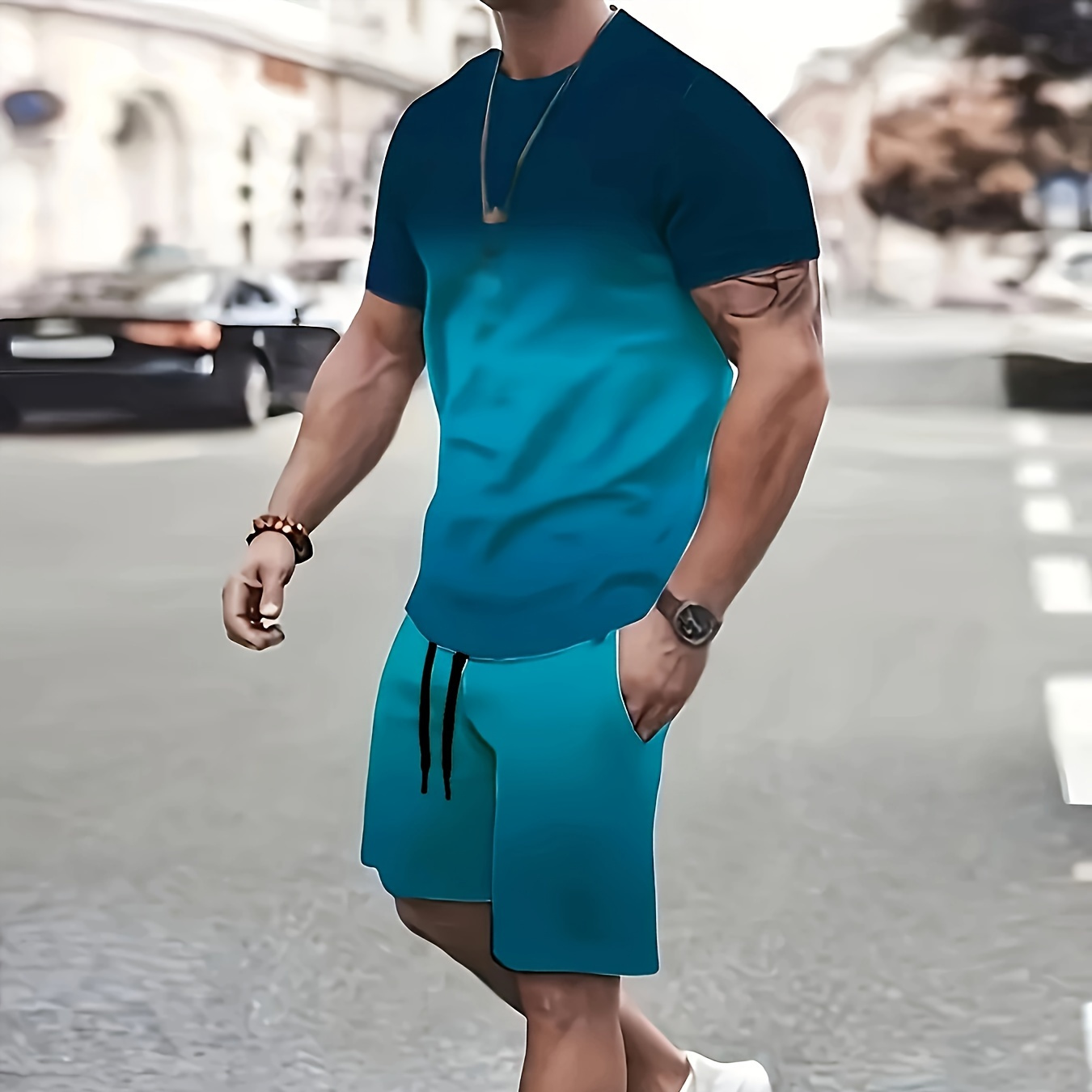 

Men's Outfit, Gradient Color Casual Crew Neck Short Sleeve T-shirt & Drawstring Shorts 2-piece Set For Outdoor Activities