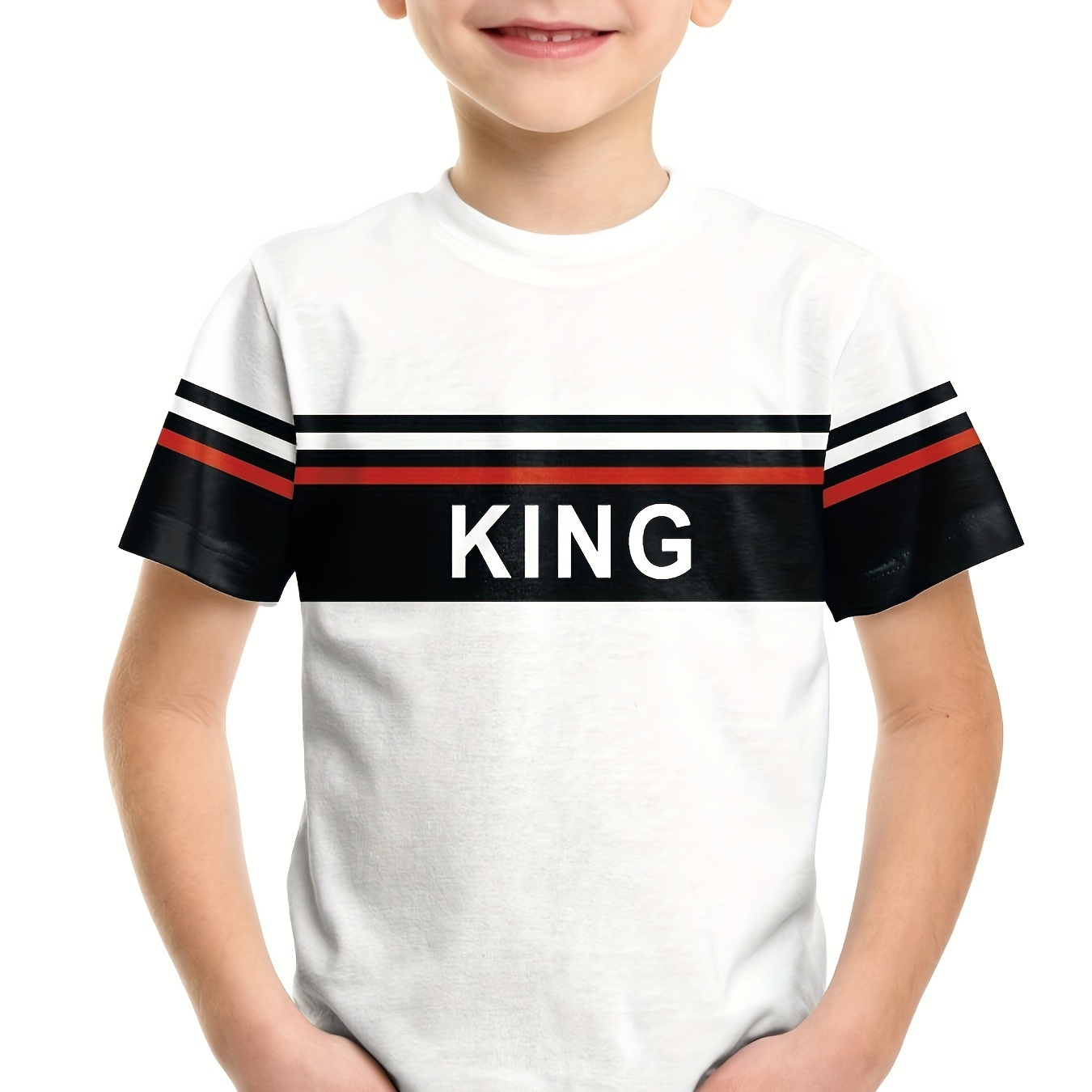 

King Letter Print Boys Striped Creative T-shirt, Casual Lightweight Comfy Short Sleeve Tee Tops, Boys Clothes For Summer