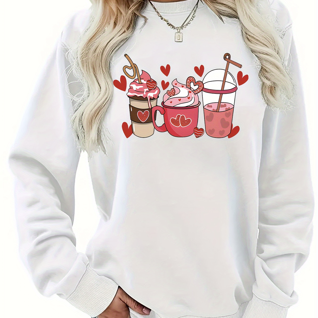 

Valentine Milk Tea Print Sweatshirt, Casual Crew Neck Long Sleeve Sweatshirt, Women's Clothing