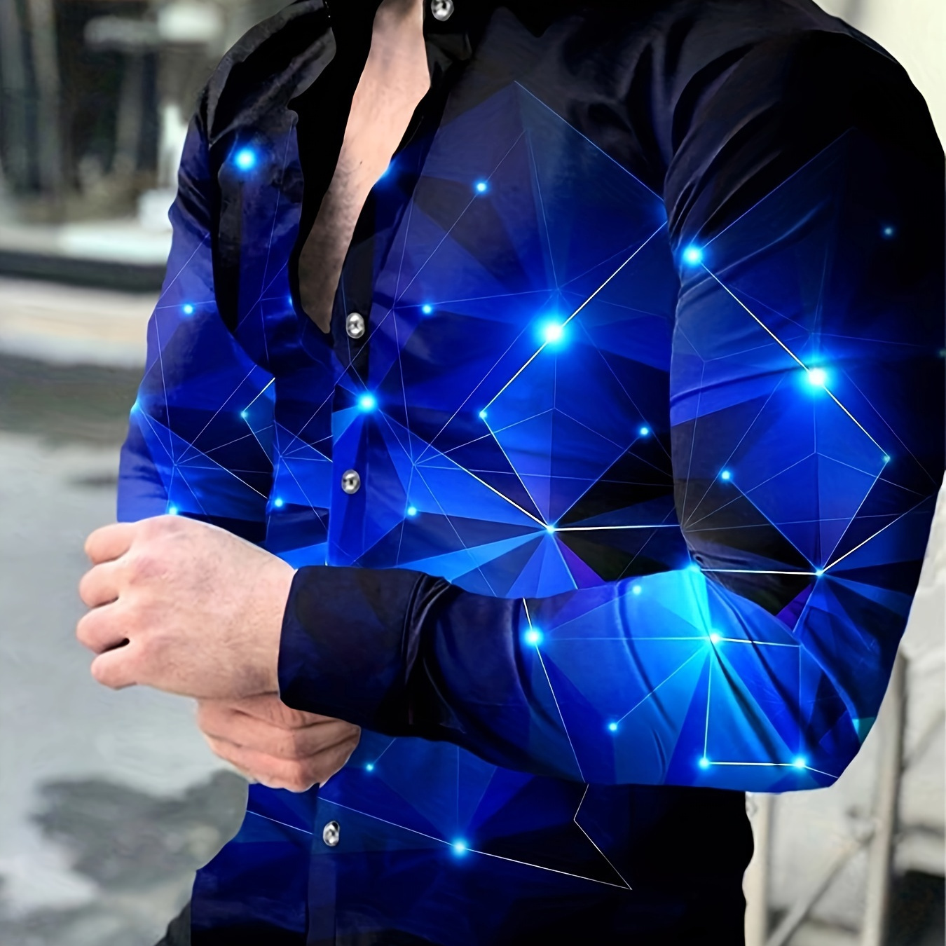 

Djingfc Men's Blue Starry Night Geometric Long Sleeve Shirt - Casual Polyester , Machine Washable With Button-up Collar And Cuffs