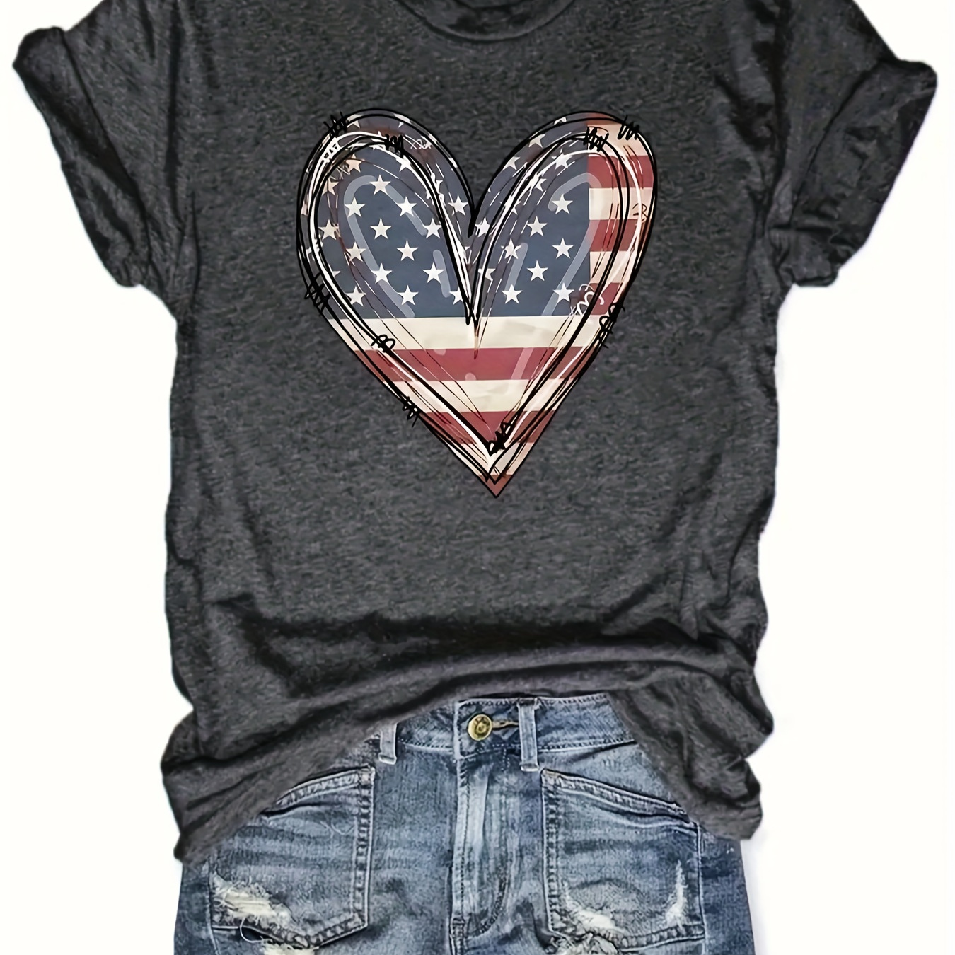 

Chic Heart Flag Tee - , & Comfortable, Women's Casual T-shirt Fashionable Womens T-shirt - Casual Short Sleeve Crew Neck Top - Lightweight & Breathable For