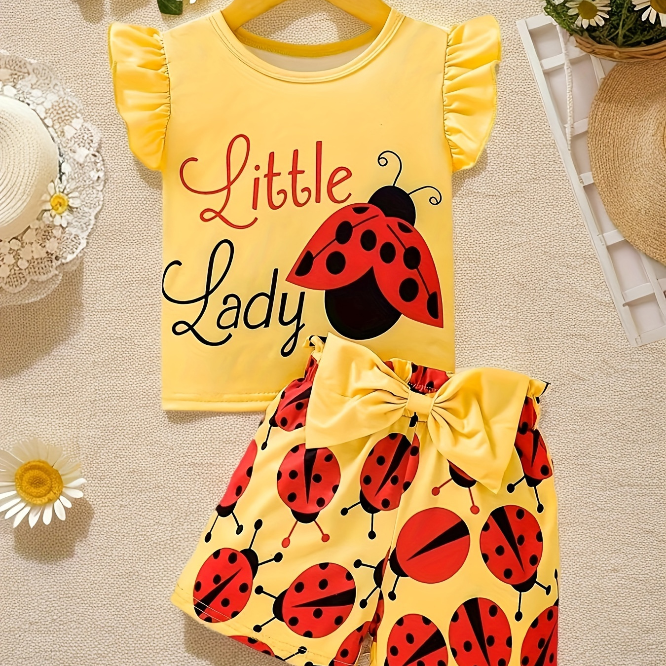 

2pcs Baby's Ladybug Print Cap Sleeve Top & Casual Bowknot Decor Shorts, Toddler & Infant Girl's Clothing Set For Summer