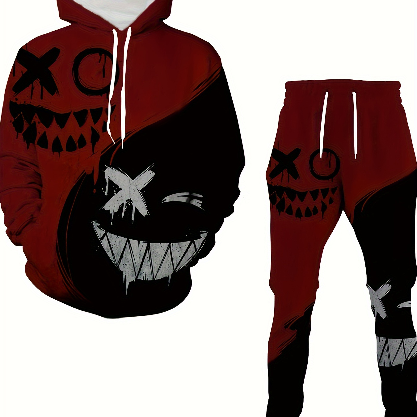 Men's 3D Smile Face Print Hooded Sweatshirt & Sweatpants Set For Autumn/winter, Pajamas Loungewear Set, Men's Clothing