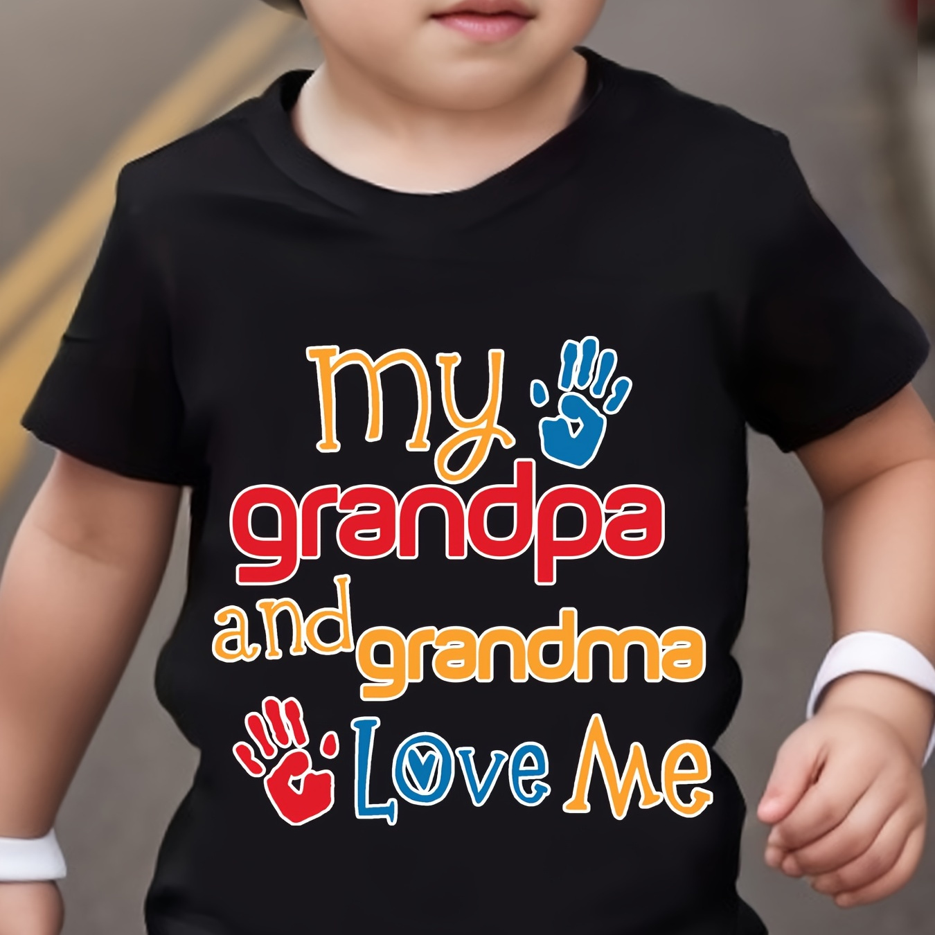 

My Grandpa And Grandma Love Me Print Short Sleeve T-shirt For Boys, Casual Round Neck Comfy Summer Outdoor Clothes
