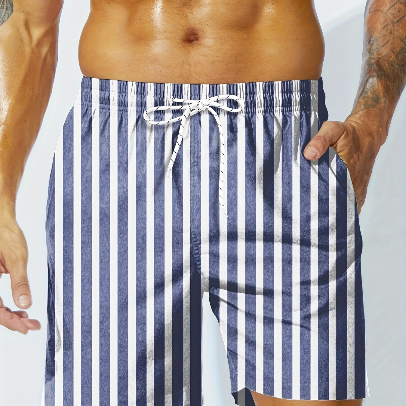 

1pc, Short de bain pour homme à rayures contrastées avec cordon de serrage et poches, short classique et confortable pour les vacances d'été à la plage et le port quotidien