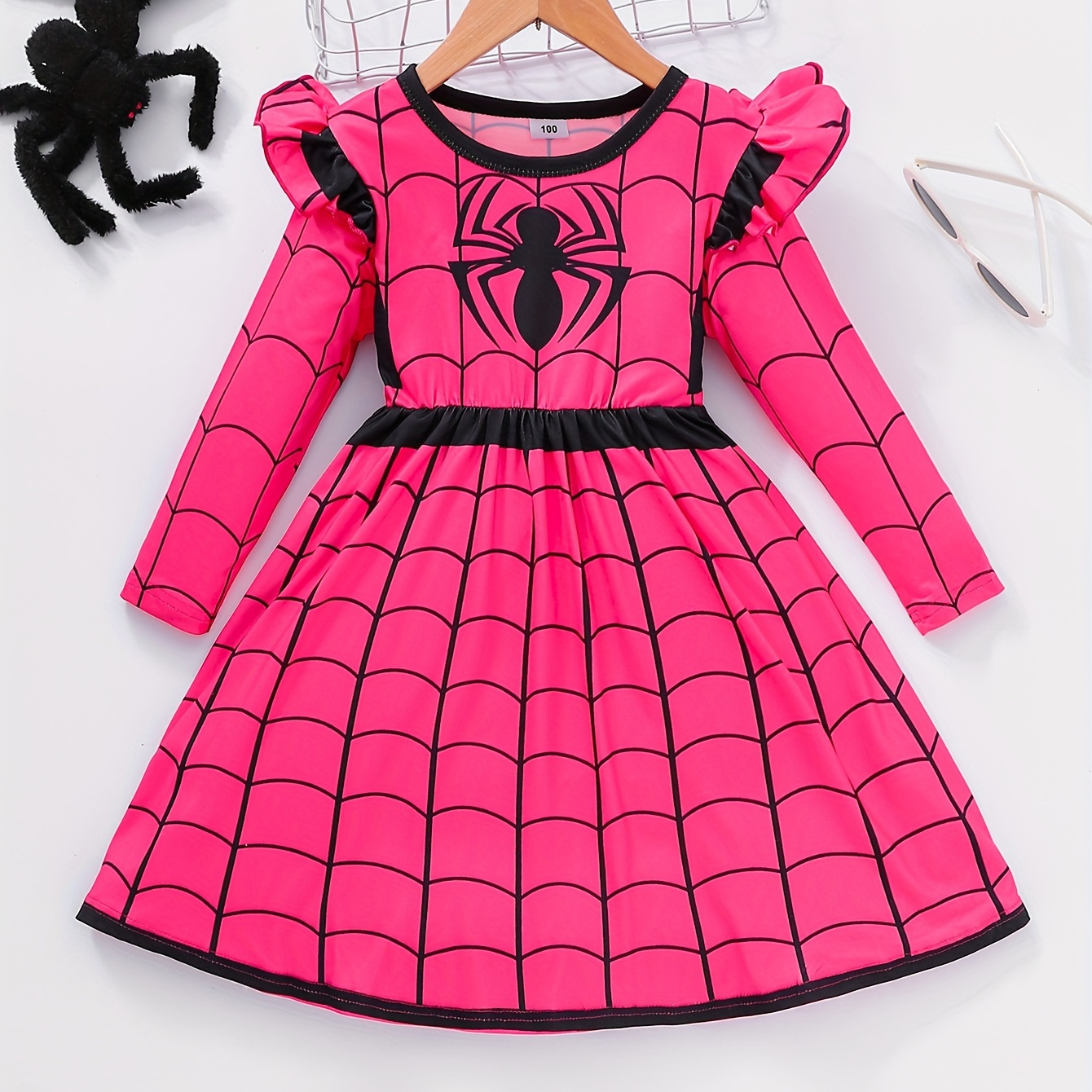 

Kids' Cartoon Spider-themed Pink Pleated Dress With Long Sleeves - Polyester Blend Casual Party Wear, Knee-high Crew Neck Outfit For Spring/fall, Ages 2-8