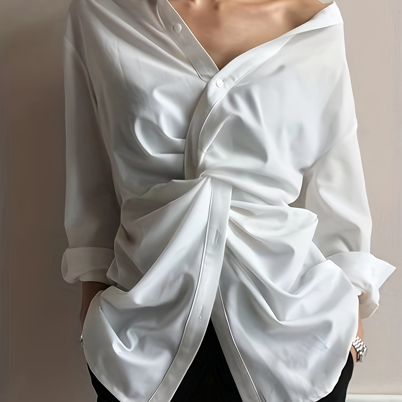 

Elegant Polyester Women's Blouse, Solid Color, Lapel Collar, Woven Shirt With Button Detail For All